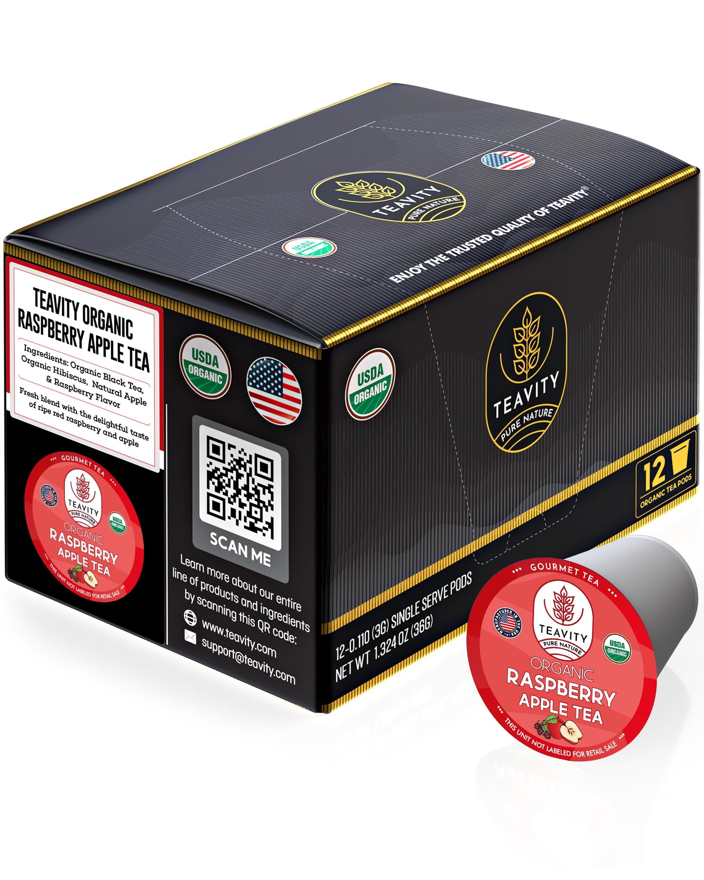 Organic Raspberry Apple Black Tea Pods For Keurig - Naturally Caffeinated Fruit Tea By Teavity (12 Tea Pods)