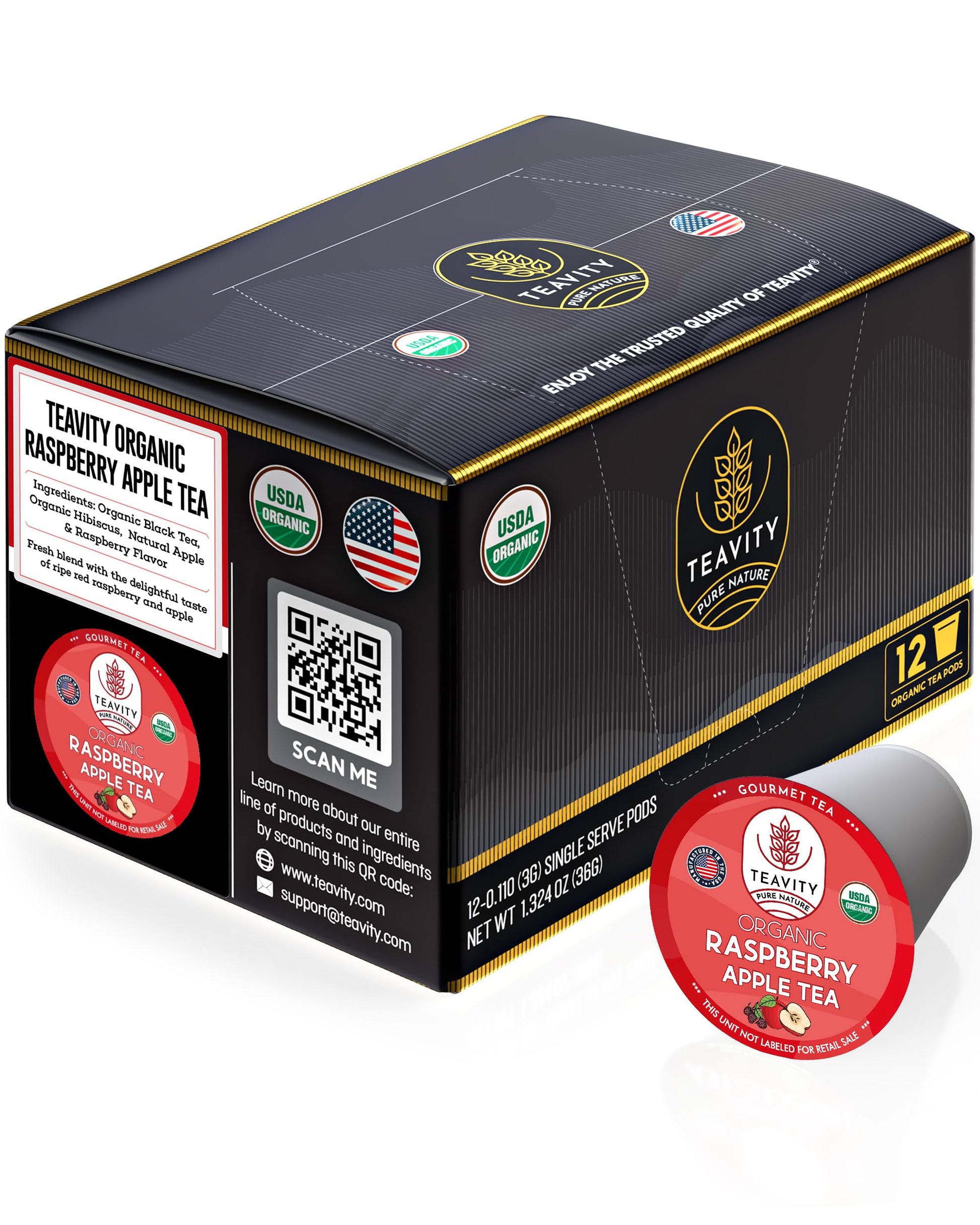 Organic Raspberry Apple Black Tea Pods For Keurig - Naturally Caffeinated Fruit Tea By Teavity (12 Tea Pods)