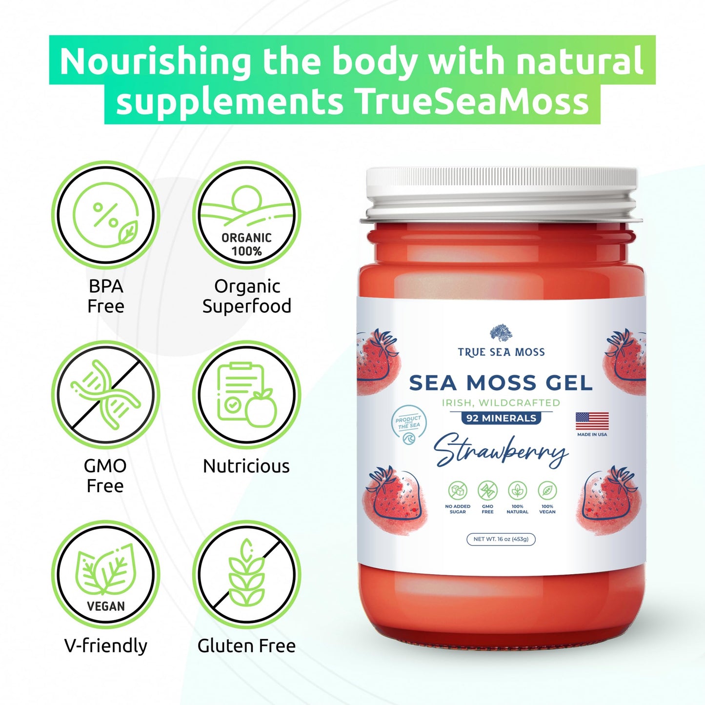TrueSeaMoss Wildcrafted Irish Sea Moss Gel - Organic Raw Sea Moss, Vegan-Friendly, 12 Ounce, Strawberry Flavor