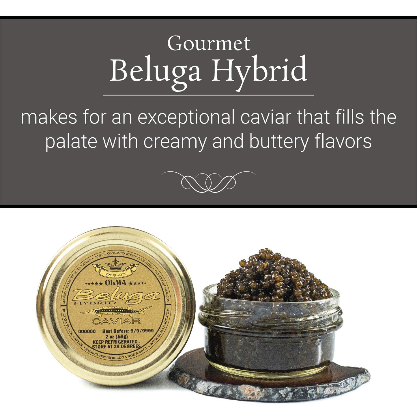 Overnight Shipping - Olma Beluga Hybrid Black Caviar From Italy - Rated Top Caviar In The World - 2 Oz / 56 G
