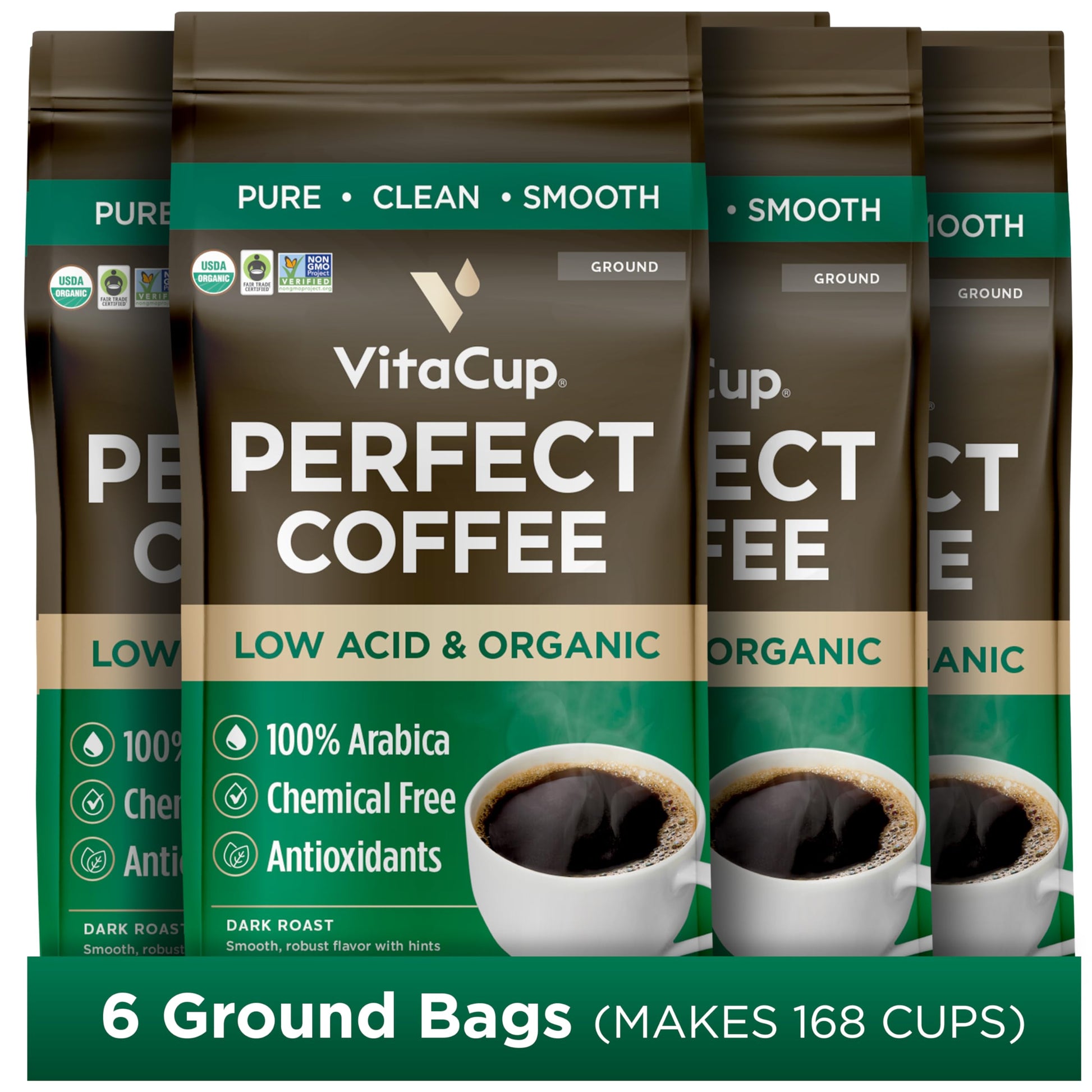 VitaCup Low Acid Dark Roast Coffee, USDA Organic, 11oz (Pack of 6)