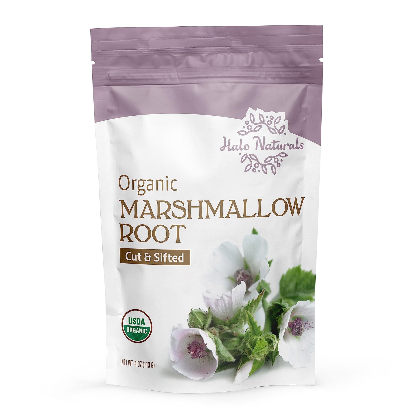 Halo Naturals Organic Marshmallow Root Cut & Sifted, 4 Ounces (Althaea Officinalis) Usda Certified | Resealable Pouch| Packaged