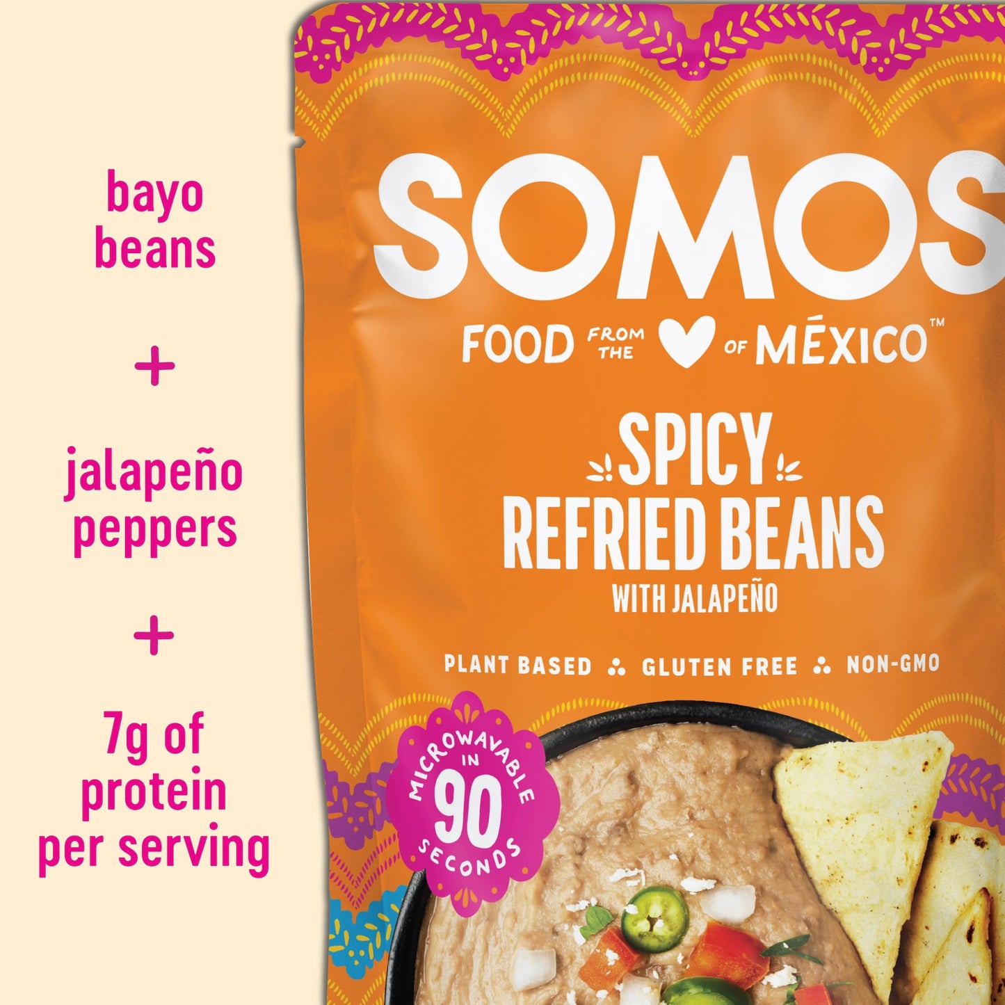 SOMOS Spicy Refried Beans - Gluten Free, Non-GMO, Vegan & Microwavable Meals Ready to Eat - Delicious, Healthy & Convenient - Pe