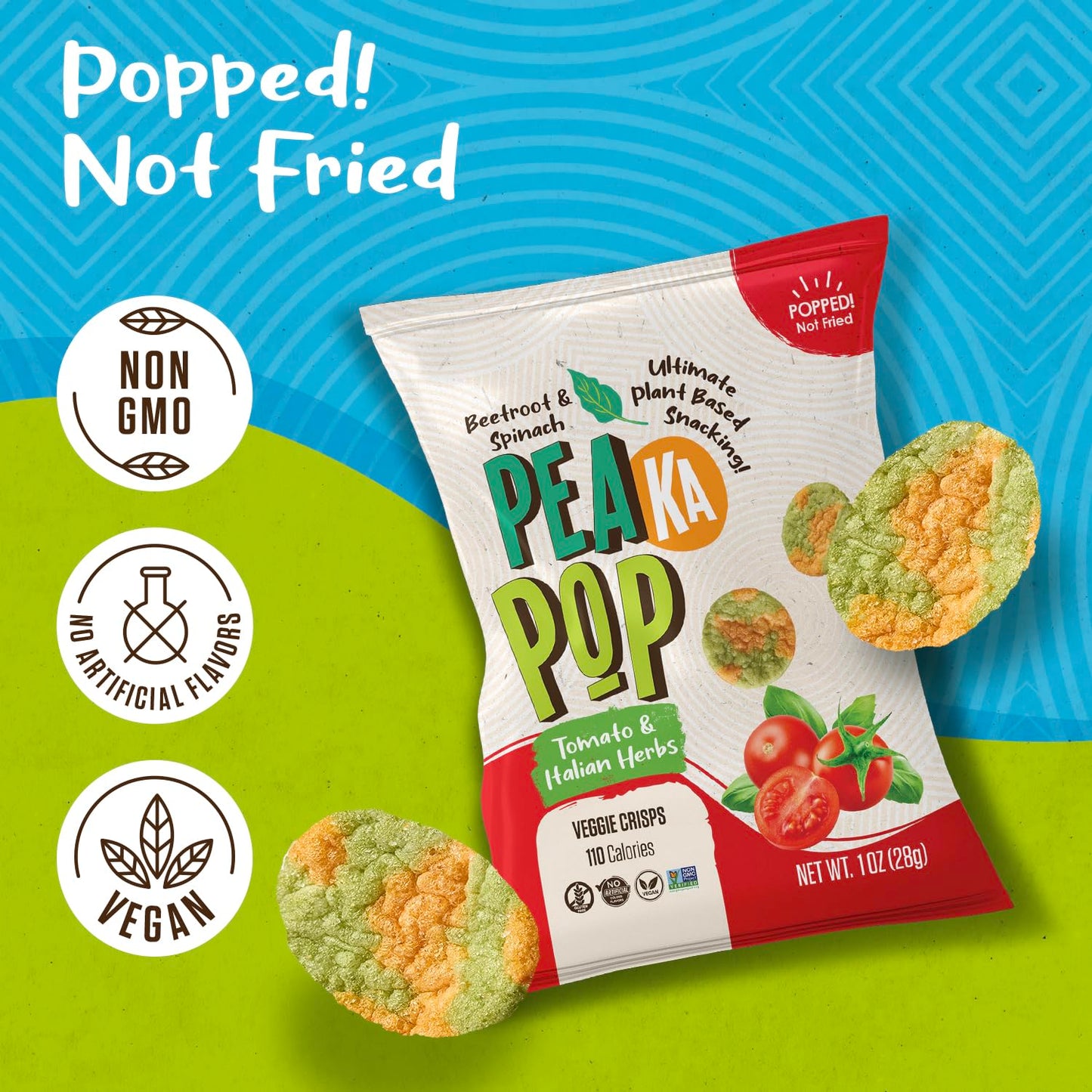 PEAKAPOP Veggie Chips – Plant-Based Popped Snack – Vegan, Gluten-Free – 1 oz Bags (15-Pack) – Tomato & Italian Herbs