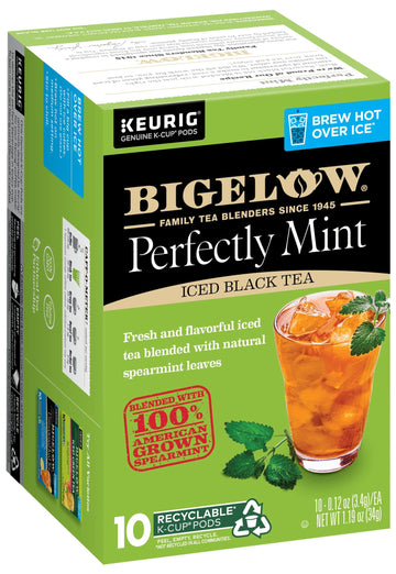 Bigelow Tea Unsweetened Perfectly Mint Iced Black Tea Keurig K Cup Pods, Caffeinated Tea Keurig Tea Pods, 10 Count Box (Pack Of 