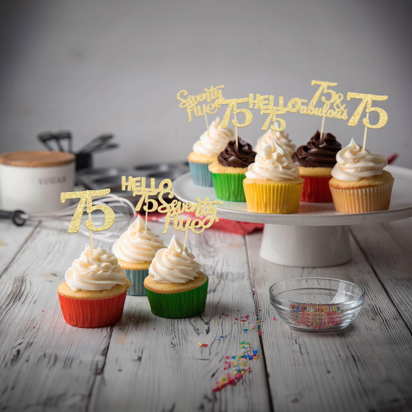 Gyufise 24Pcs Gold Glitter 75 Cupcake Toppers 75Th Birthday Cupcake Toppers Hello 75 Seventy Five 75 Cake Toppers 75 Fabulous Cu
