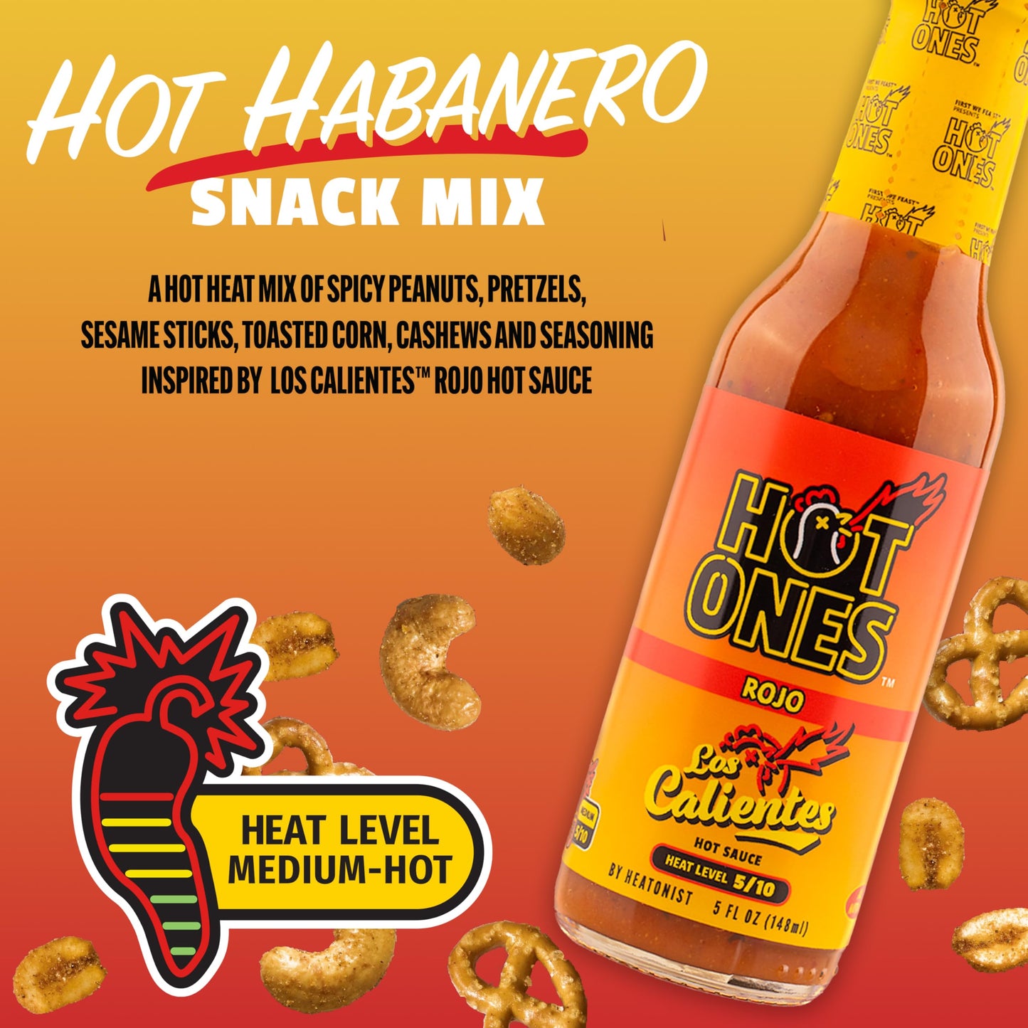 Snak Club x Hot Ones Snack Mix, Hot Habanero, Sweet Smoky, and Tangy Chili, Spicy Snacks with Peanuts, Pretzels, Sesame Sticks,