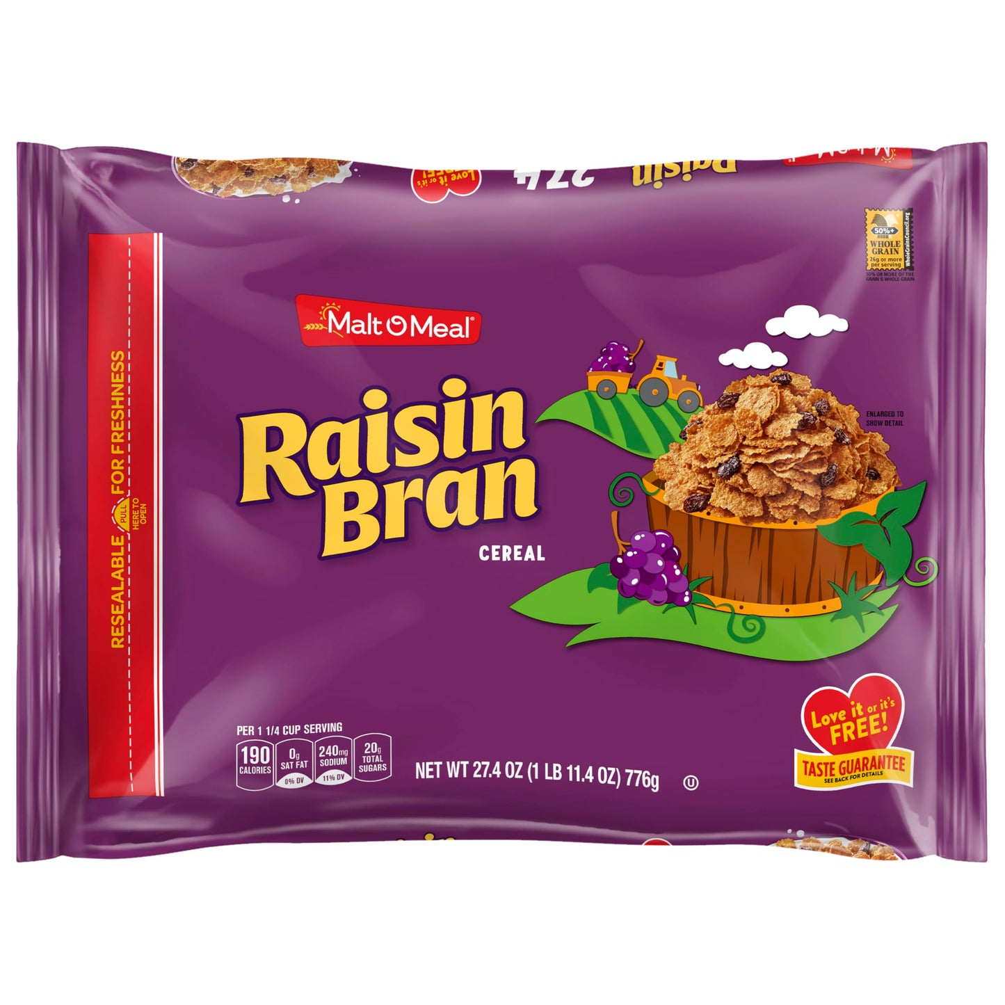 Malt-O-Meal Raisin Bran Cereal, Wheat Flakes and Raisins Breakfast Cereal, Large Cereal for Family, 27.4 OZ Resealable Cereal Ba