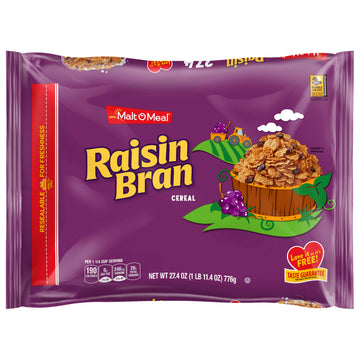 Malt-O-Meal Raisin Bran Cereal, Wheat Flakes and Raisins Breakfast Cereal, Large Cereal for Family, 27.4 OZ Resealable Cereal Ba