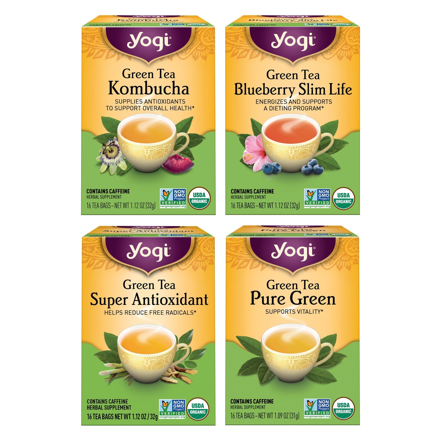 YOGI TEA Green Tea Variety Pack - 16 Tea Bags (4 Pack) - Organic Caffeinated Sampler