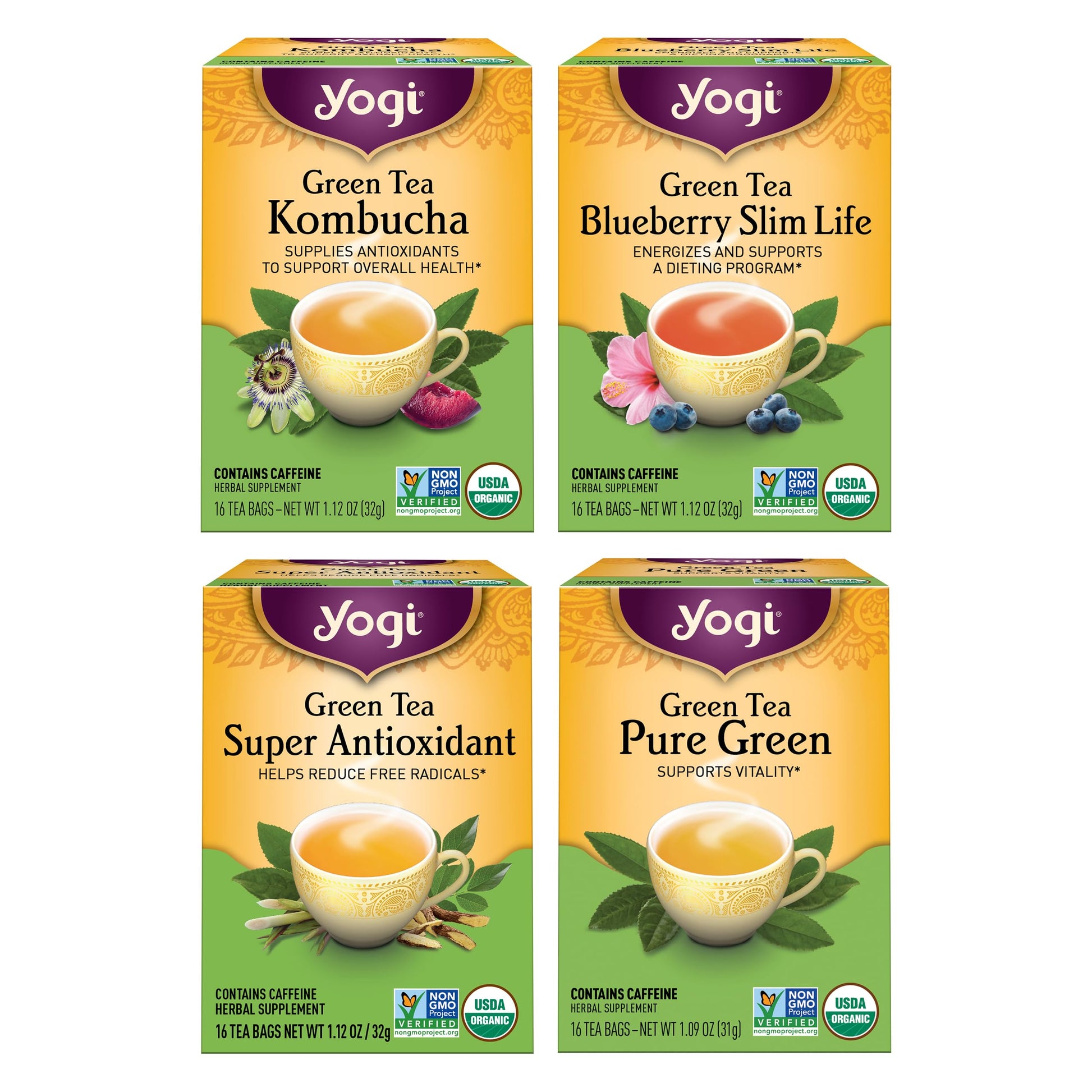 YOGI TEA Green Tea Variety Pack - 16 Tea Bags (4 Pack) - Organic Caffeinated Sampler
