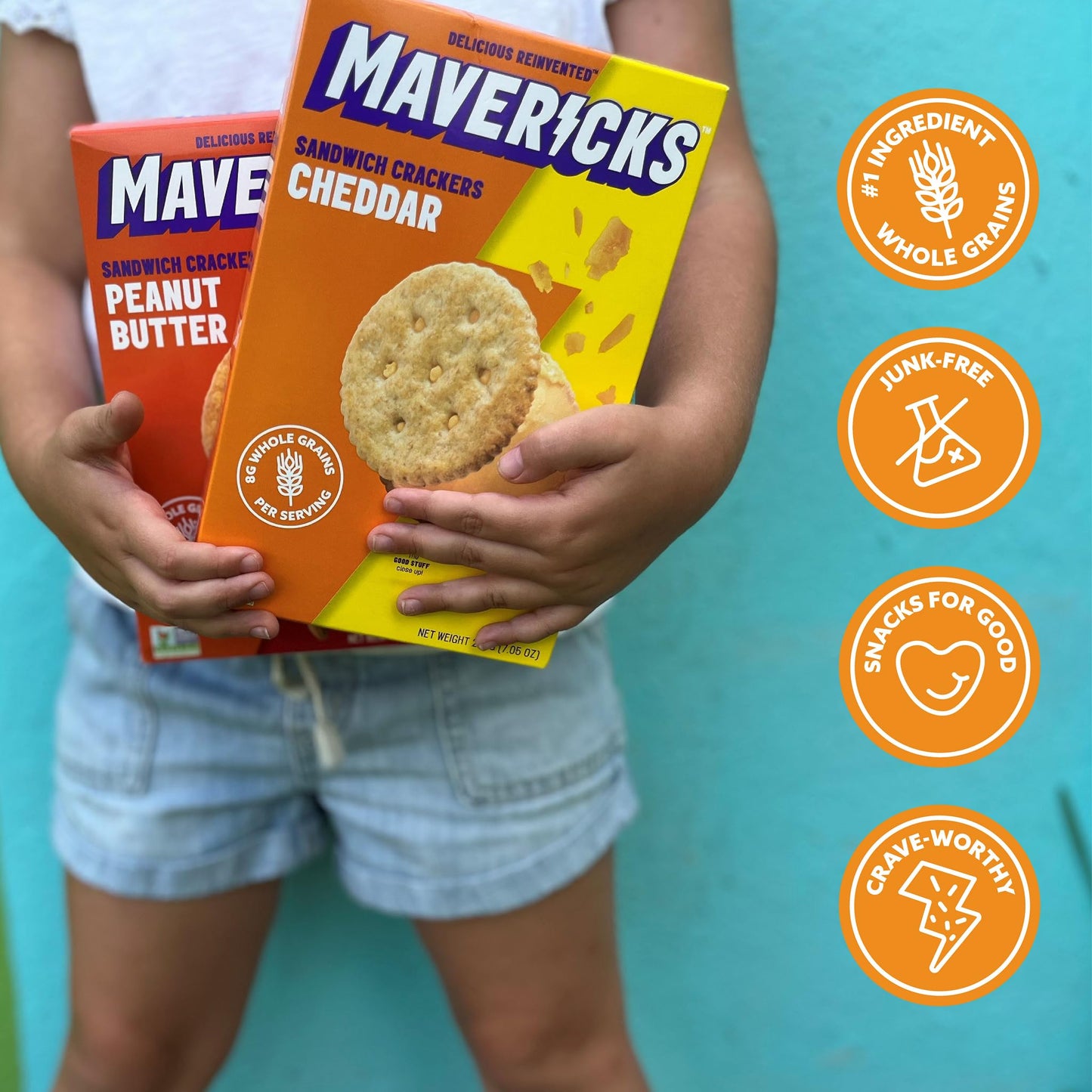 Mavericks Sandwich Crackers Cheddar - Cheese Filled Whole Grain Sandwich Cracker Snack Packs, Non-GMO - 7 oz Box (3 Pack)