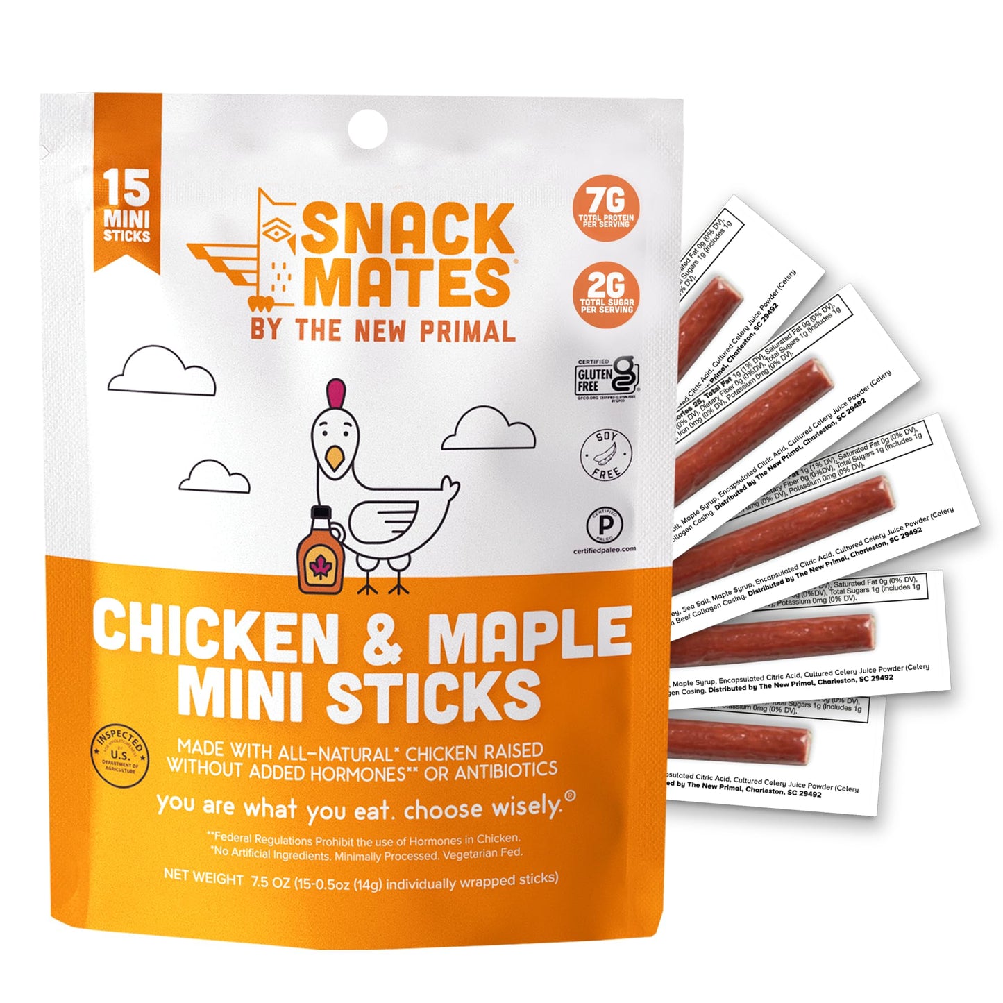 The New Primal Chicken & Maple Snack Mates, Gluten Free, Low Sugar, High Protein Jerky Sticks, 15 Count