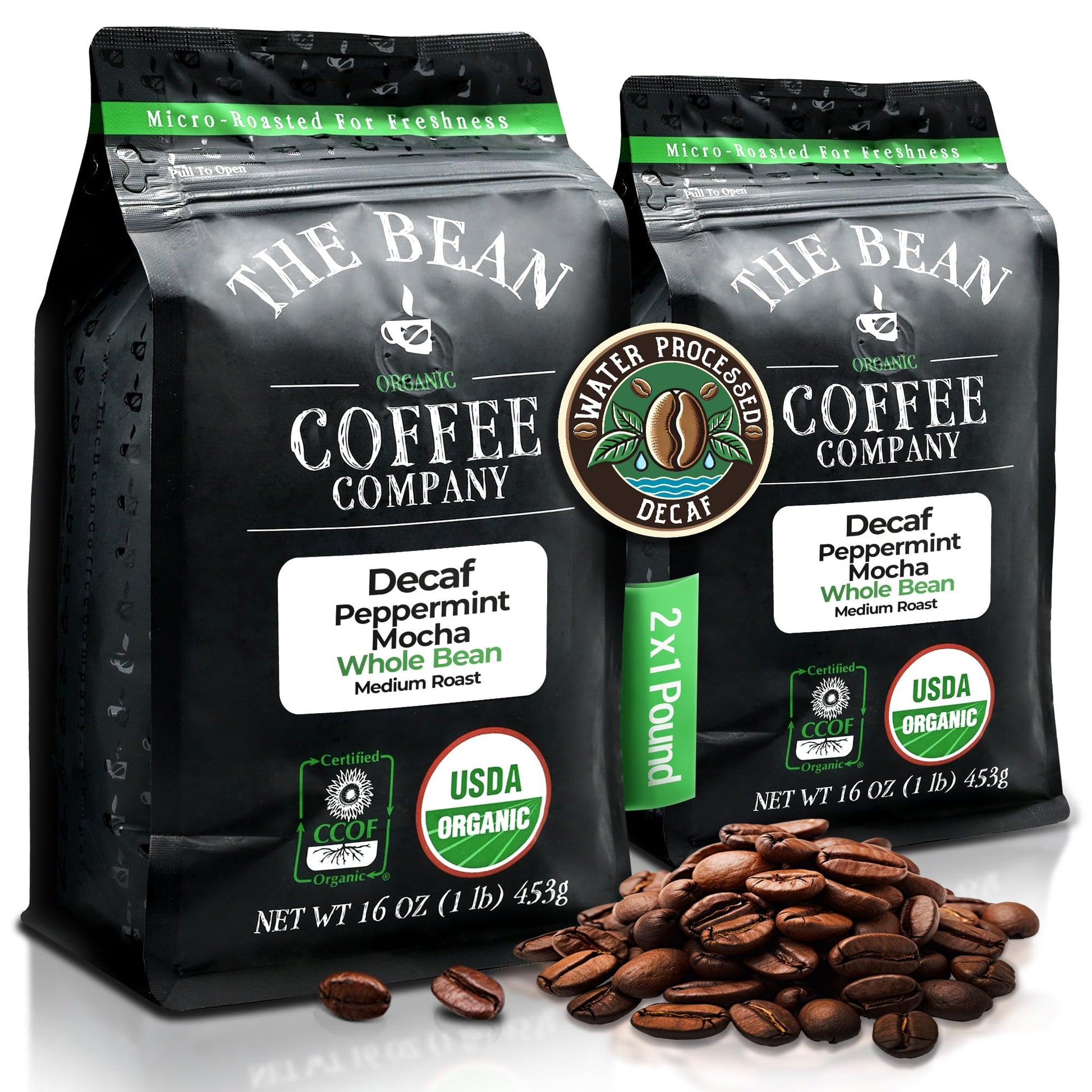 The Bean Organic Coffee Company Water Processed DECAF Peppermint Mocha, Medium Roast, Whole Bean Coffee, 16-Ounce Bags (Pack of 
