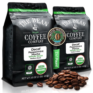 The Bean Organic Coffee Company Water Processed DECAF Peppermint Mocha, Medium Roast, Whole Bean Coffee, 16-Ounce Bags (Pack of 