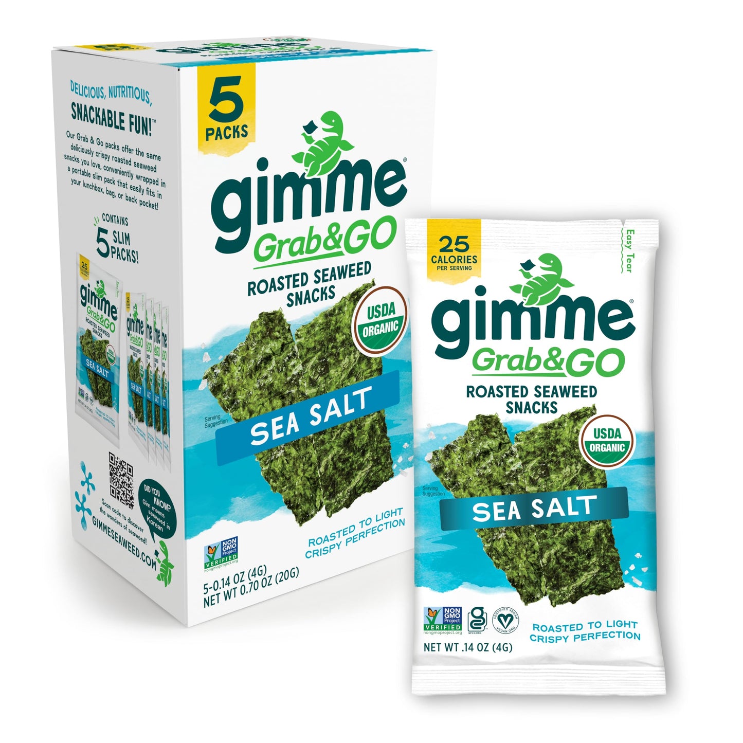 gimMe Organic Roasted Seaweed Snacks, Sea Salt, 5 Count, Keto, Vegan, Gluten-Free, Great Source of Omega3s and Iodine