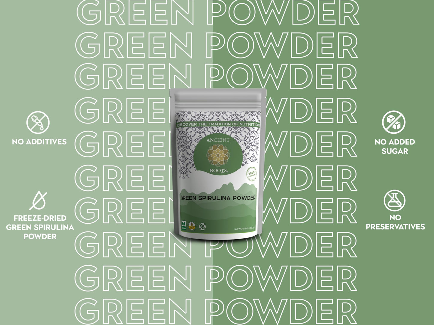 Ancient Roots Green Spirulina Powder - Freeze-Dried, All-Natural, 10.5 Ounces (75 Servings), Resealable Pouch
