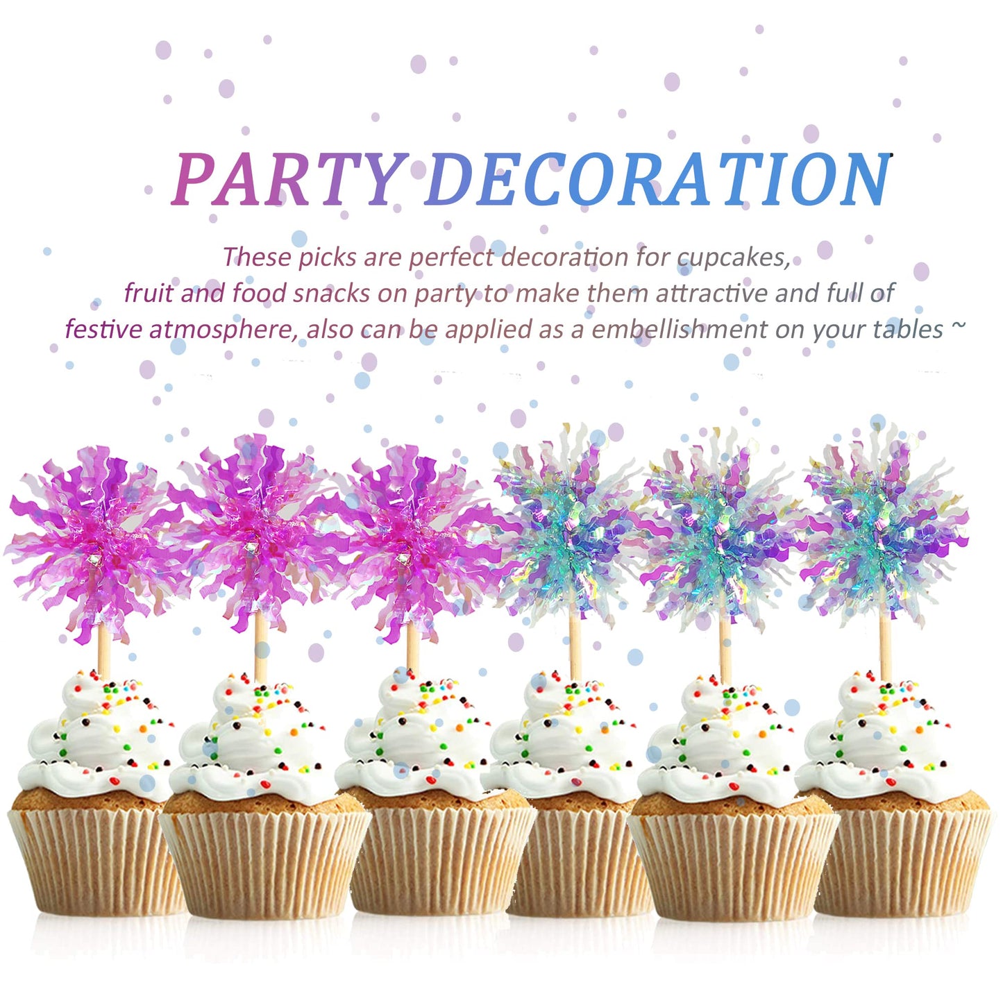 Takemay 30PCS Cupcake Toppers - Sparkle Blue & Purple Foil Firework - 6 Inches for Christmas, Birthday, Wedding Party