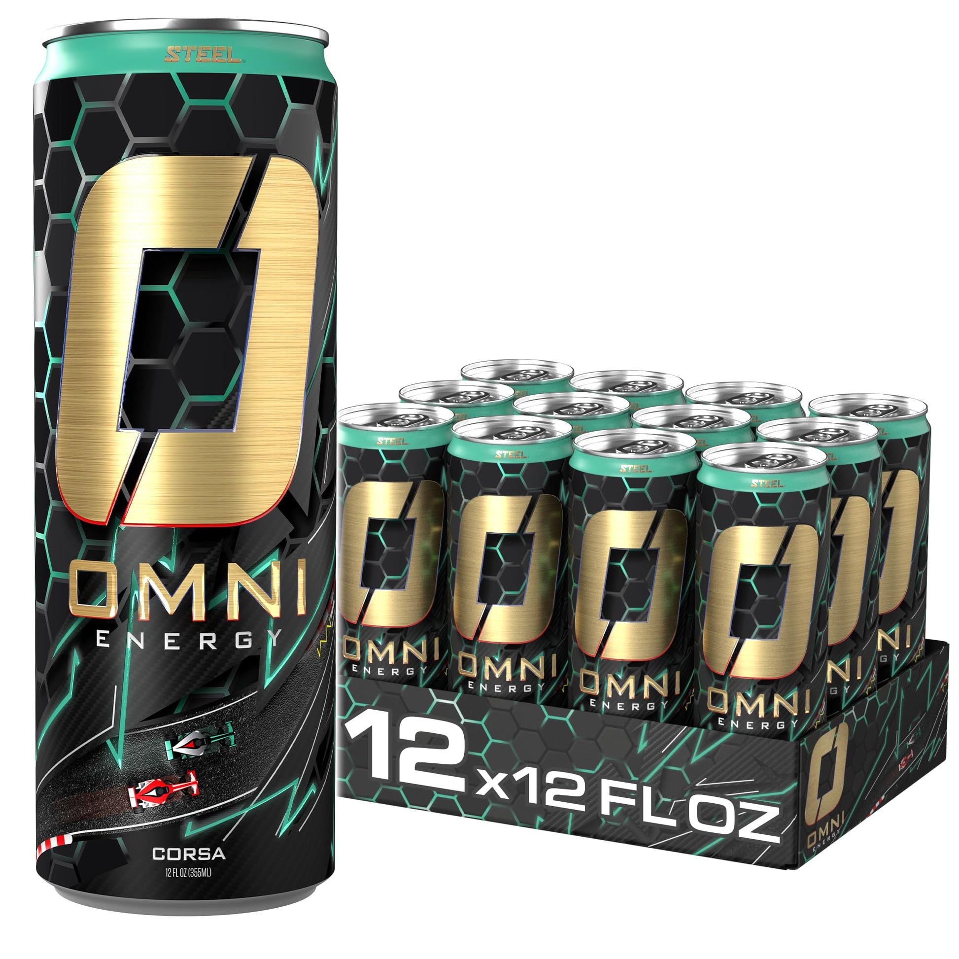 Steel Supplements OMNI Energy Drink, 200mg Caffeine, B Vitamins, Sugar-Free, Low Calorie, 12 Oz, Pack of 12