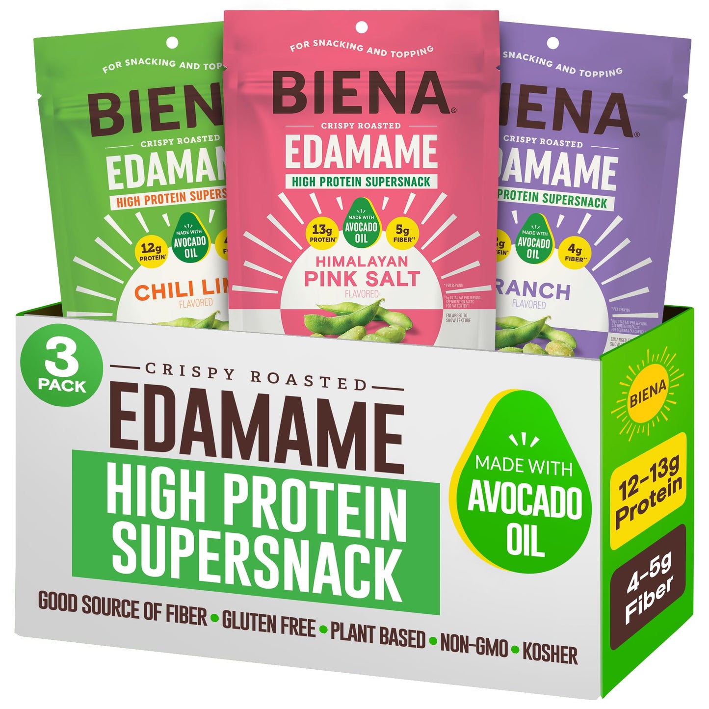 Biena Crispy Roasted Edamame Beans Snack - High Protein Snack for Adults & Kids, 12g-13g Protein per Serving - Made with Avocado