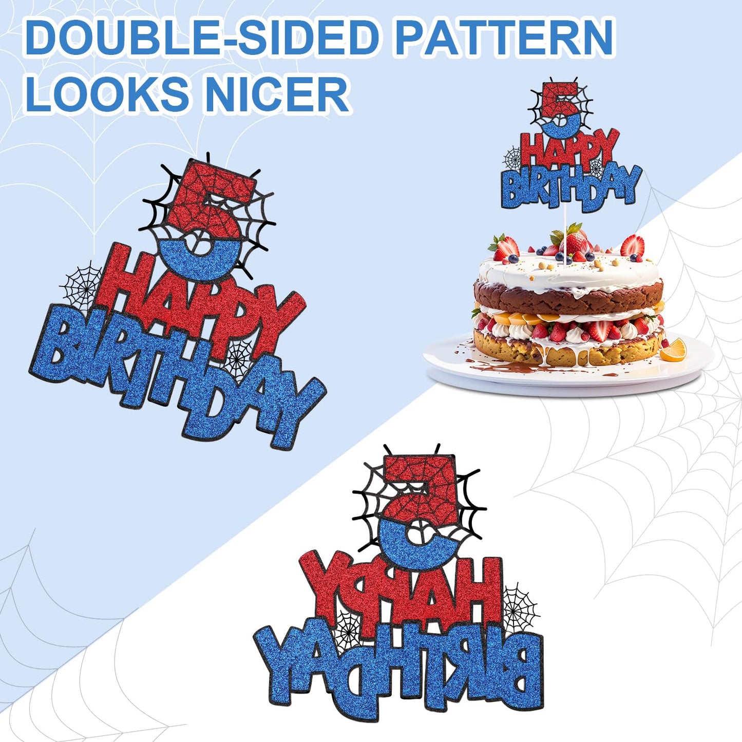 Spider Birthday Cake Topper, Double-Sided Spider Cake Topper Decorations Birthday Cakes Decorations For Boys Girls(Number 5)