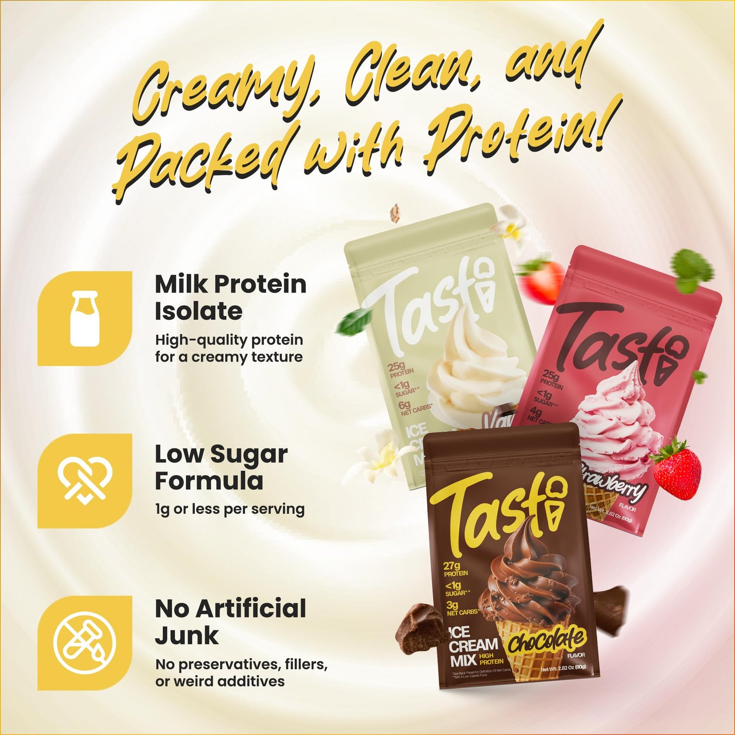TASTI High-Protein Ice Cream Mix - Chocolate  Vanilla  & Strawberry Low Sugar Ice Cream Powder - Made for Ninja Creami  Soft Serve Mix with