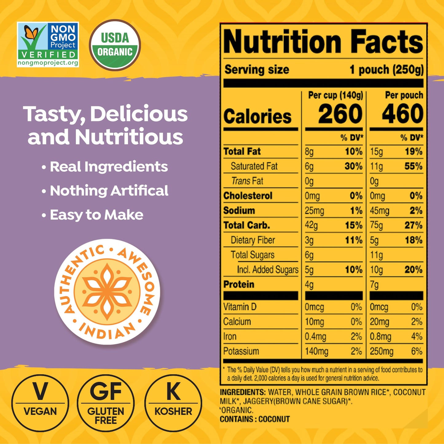 Tasty Bite Organic Coconut Rice, 8.8 Ounce, Pack Of 6, Ready To Eat, Microwavable, Vegan, Gluten-Free