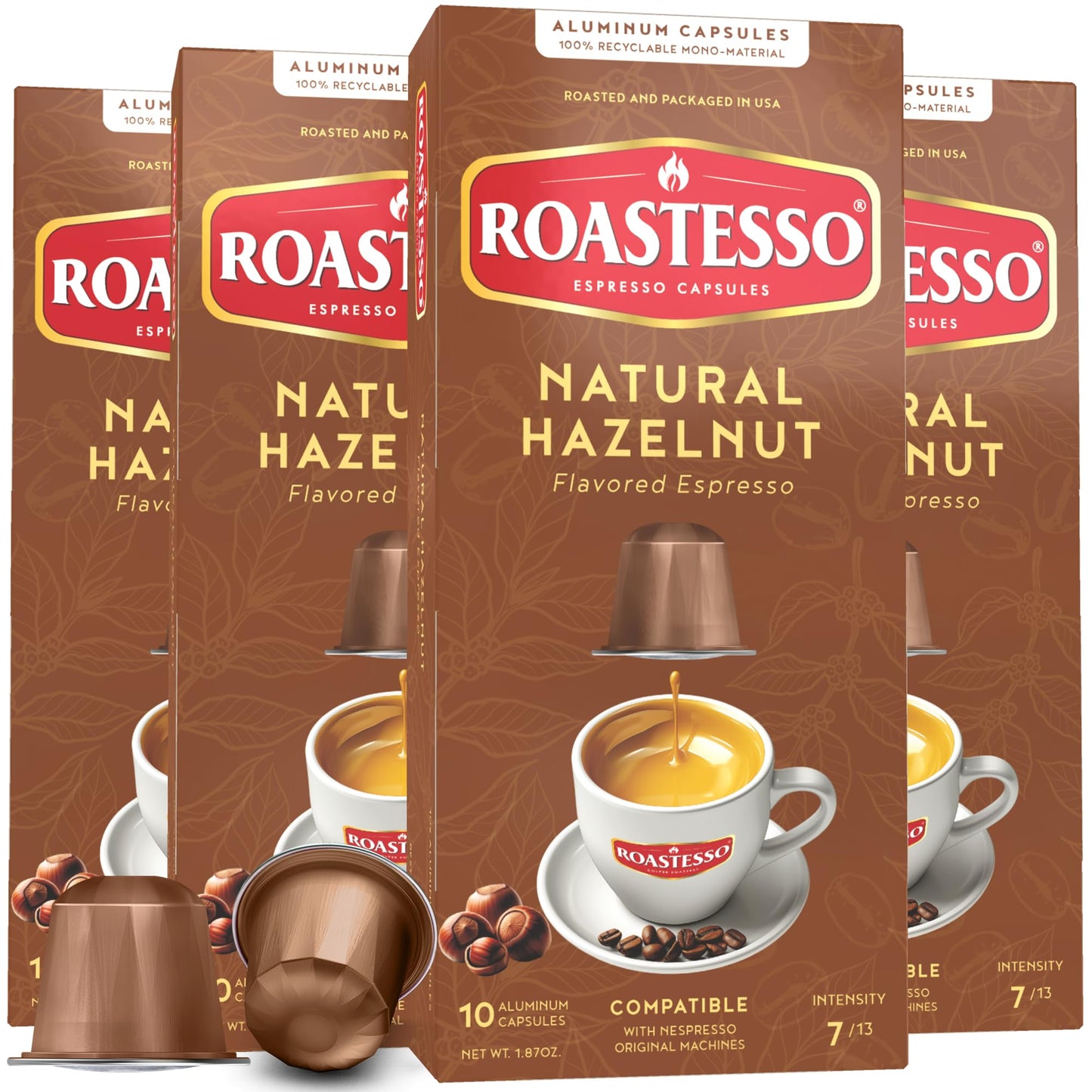 Roastesso Aluminum Espresso Capsules, Natural Hazelnut Flavor, Medium Roast Intensity 7, Compatible with Nespresso, 40 Count