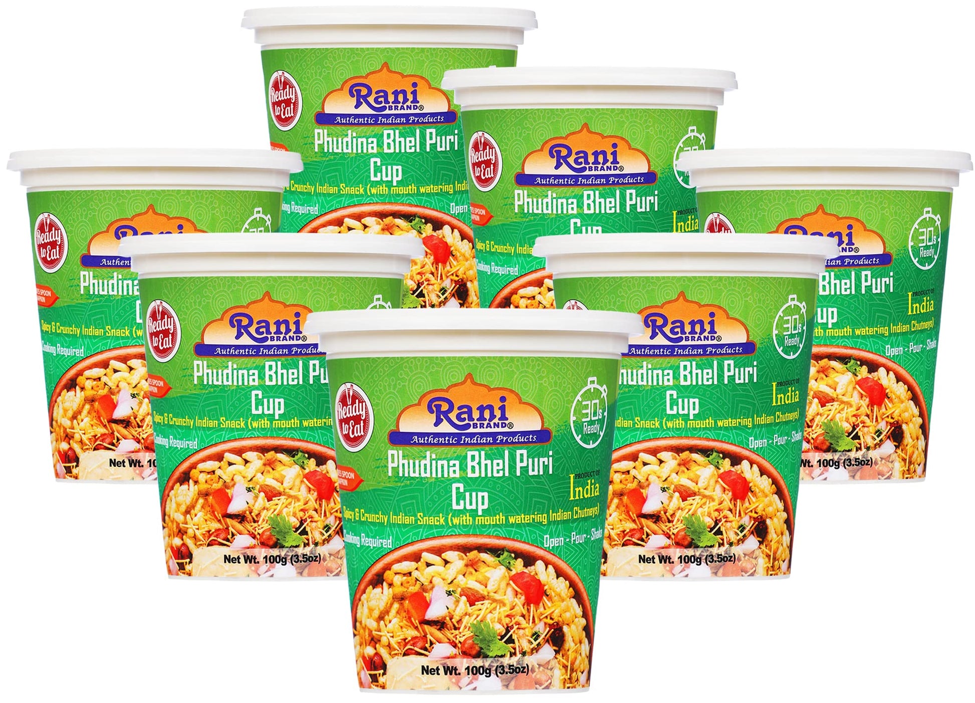 Rani Pudina Bhel Puri Cup (Spicy & Crunchy Indian Snack w/ mouth watering Indian Chutneys) 3.5oz (100g), Pack of 6+1 FREE ~ Read