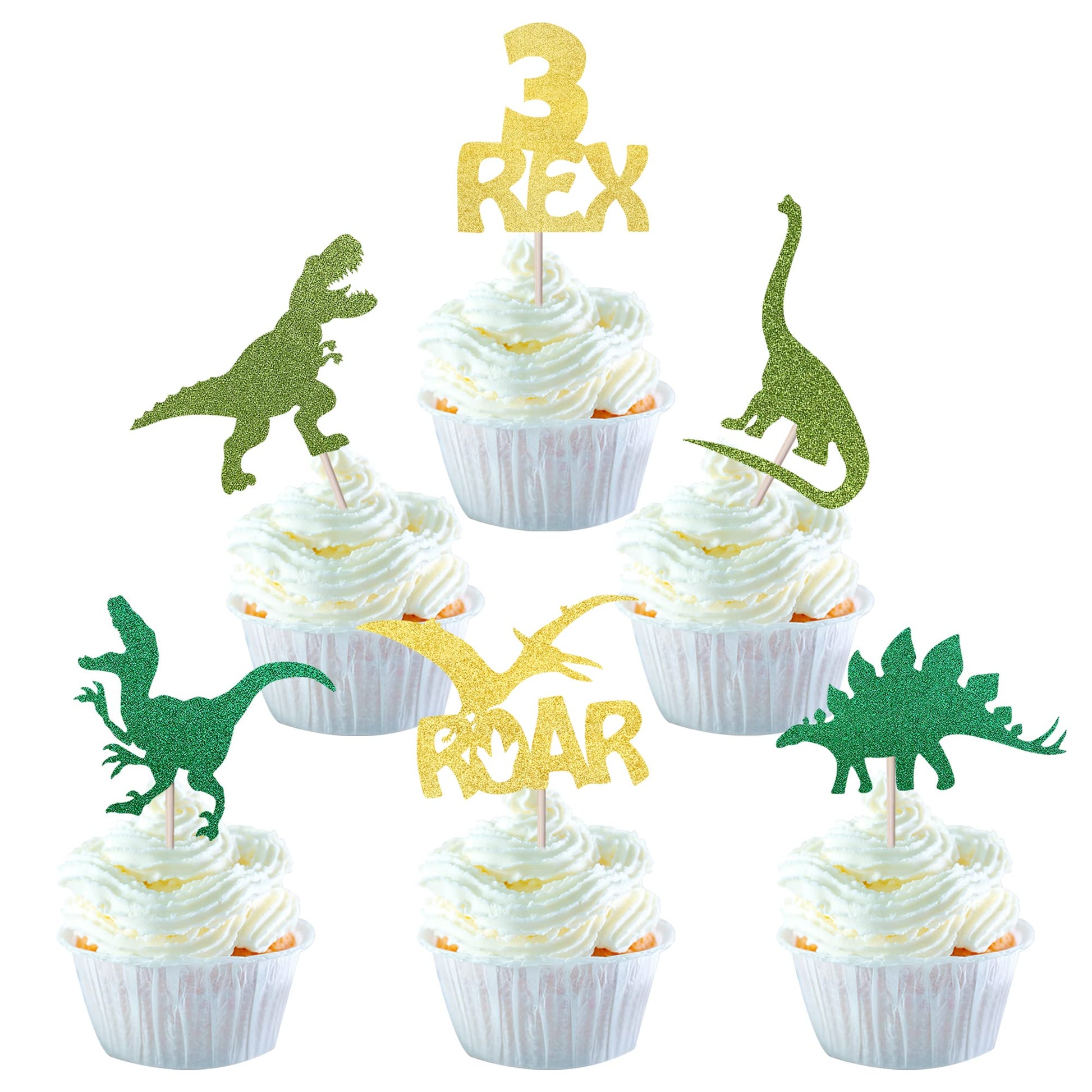 YCTHUNFISH Dinosaur Cupcake Toppers, 24 Pack, Glitter Gold, Bamboo, Small, Dino Theme for Baby Shower or Birthday Party Decorations