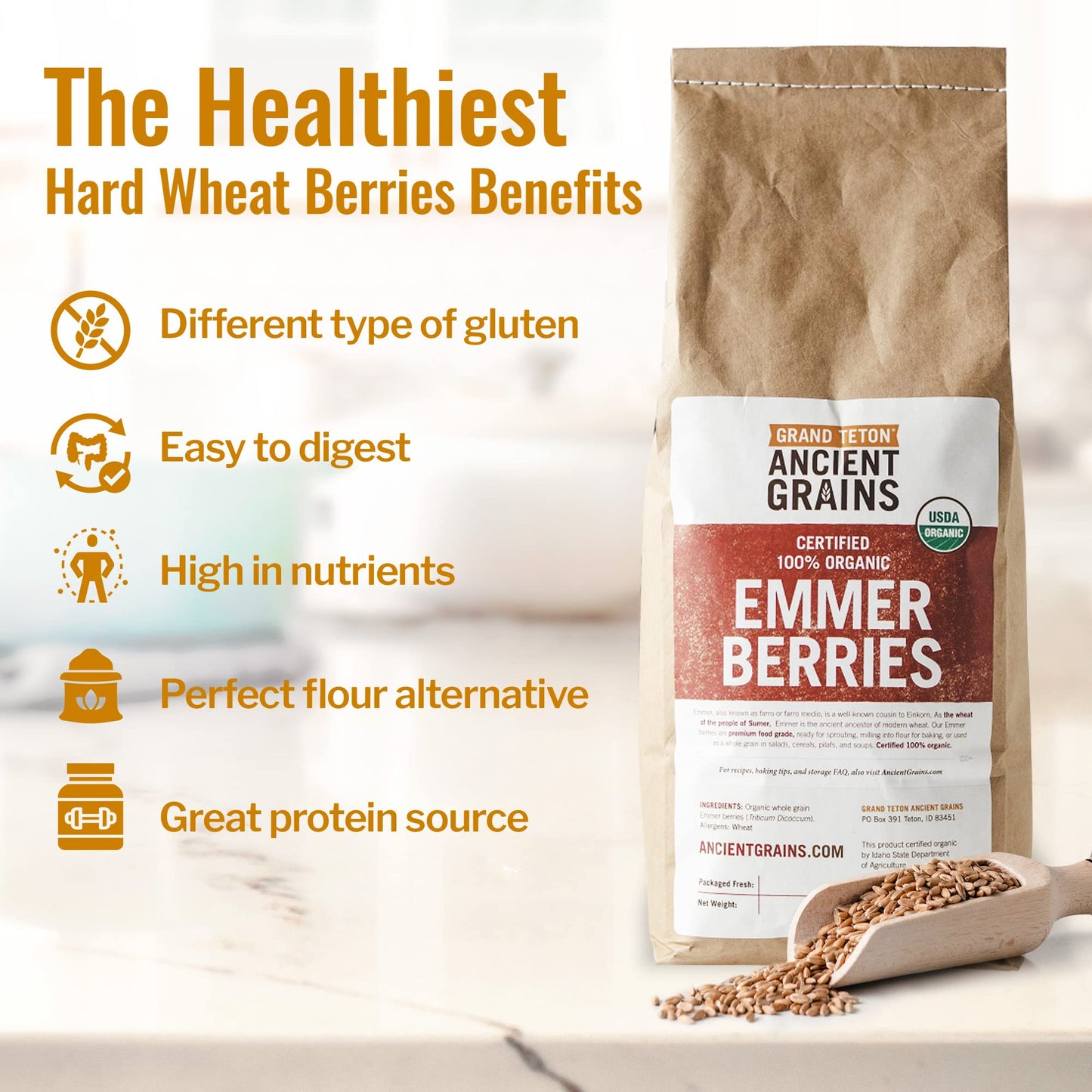 Grand Teton Emmer Wheat Berries, Organic, Premium Food-Grade, 5 lbs