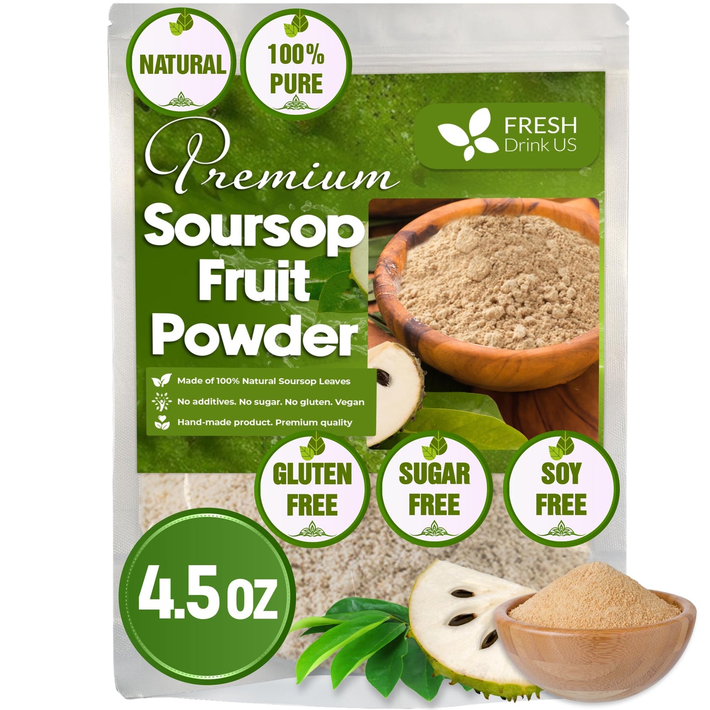 Freshdrinkus Top-Grade 4.5Oz Soursop Graviola Fruit Powder  Pure  Guanabana Tea  Soursop Fruit Herbal Tea  No Gmo  No Sugar  No Energy Blend  No Gluten  Vegan.