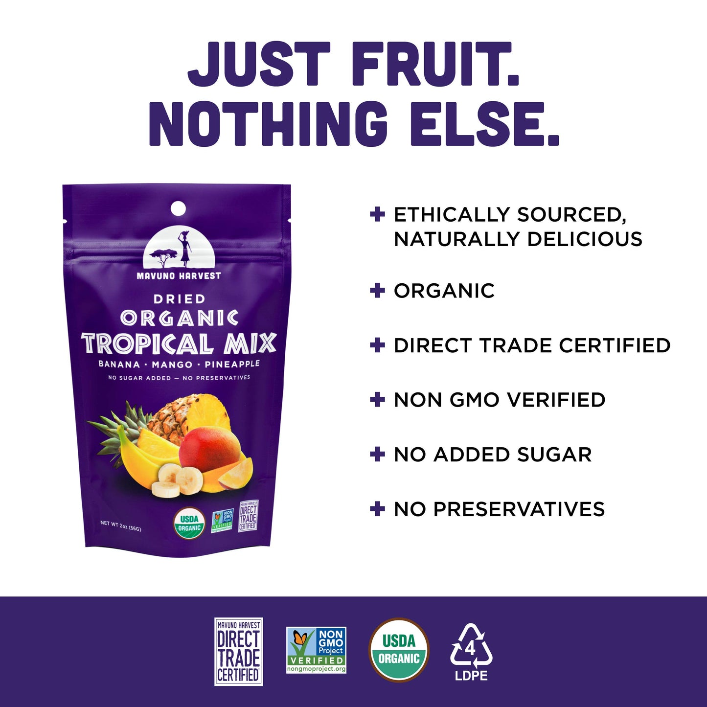 Mavuno Harvest Tropical Mix Dried Fruit Snack | Unsweetened Organic Mixed Dried Fruit | Gluten Free Healthy Snacks for Kids and