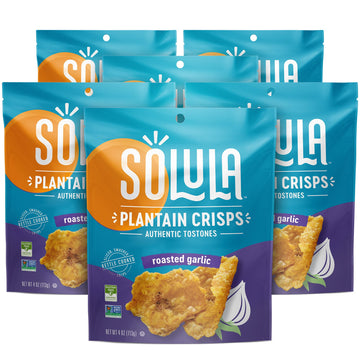 Solula Plantain Crisps Authentic Tostones, Roasted Garlic, 4 Ounce (Pack of 6), Kettle Cooked Chips, Gluten Free, Paleo Friendly