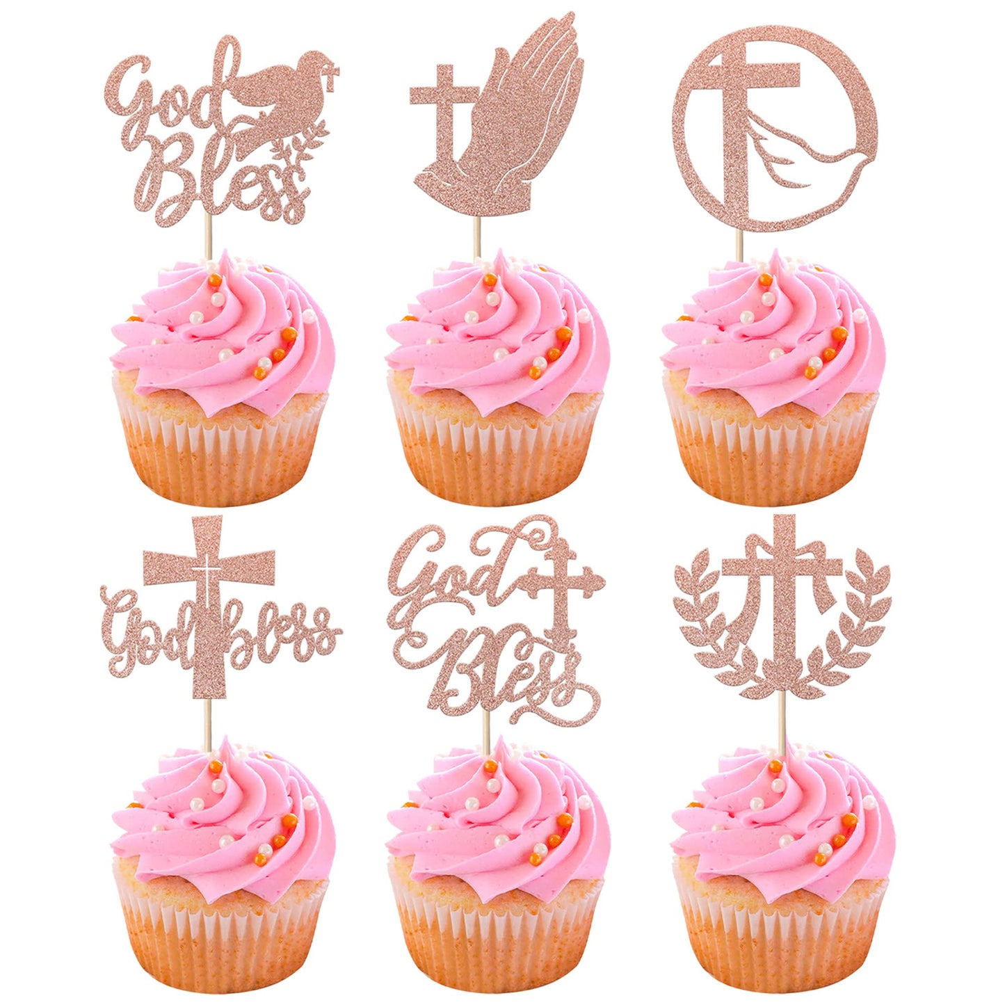 YCTHUNFISH 24 Pack Cupcake Toppers - Glitter Cross Dove of Peace, Rose Gold, Bamboo Material, Ideal for Religious Parties and Baby Showers