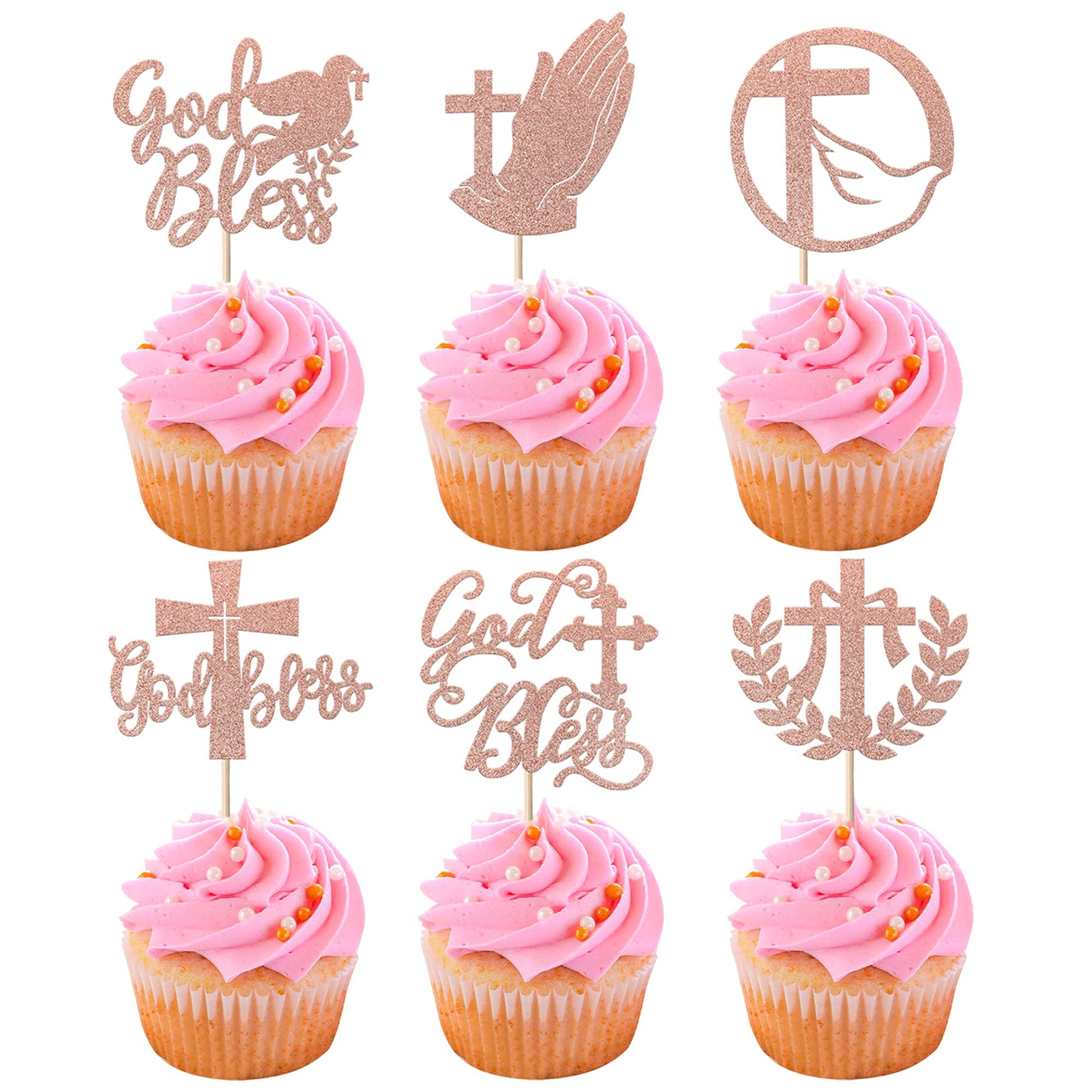 YCTHUNFISH 24 Pack Cupcake Toppers - Glitter Cross Dove of Peace, Rose Gold, Bamboo Material, Ideal for Religious Parties and Baby Showers