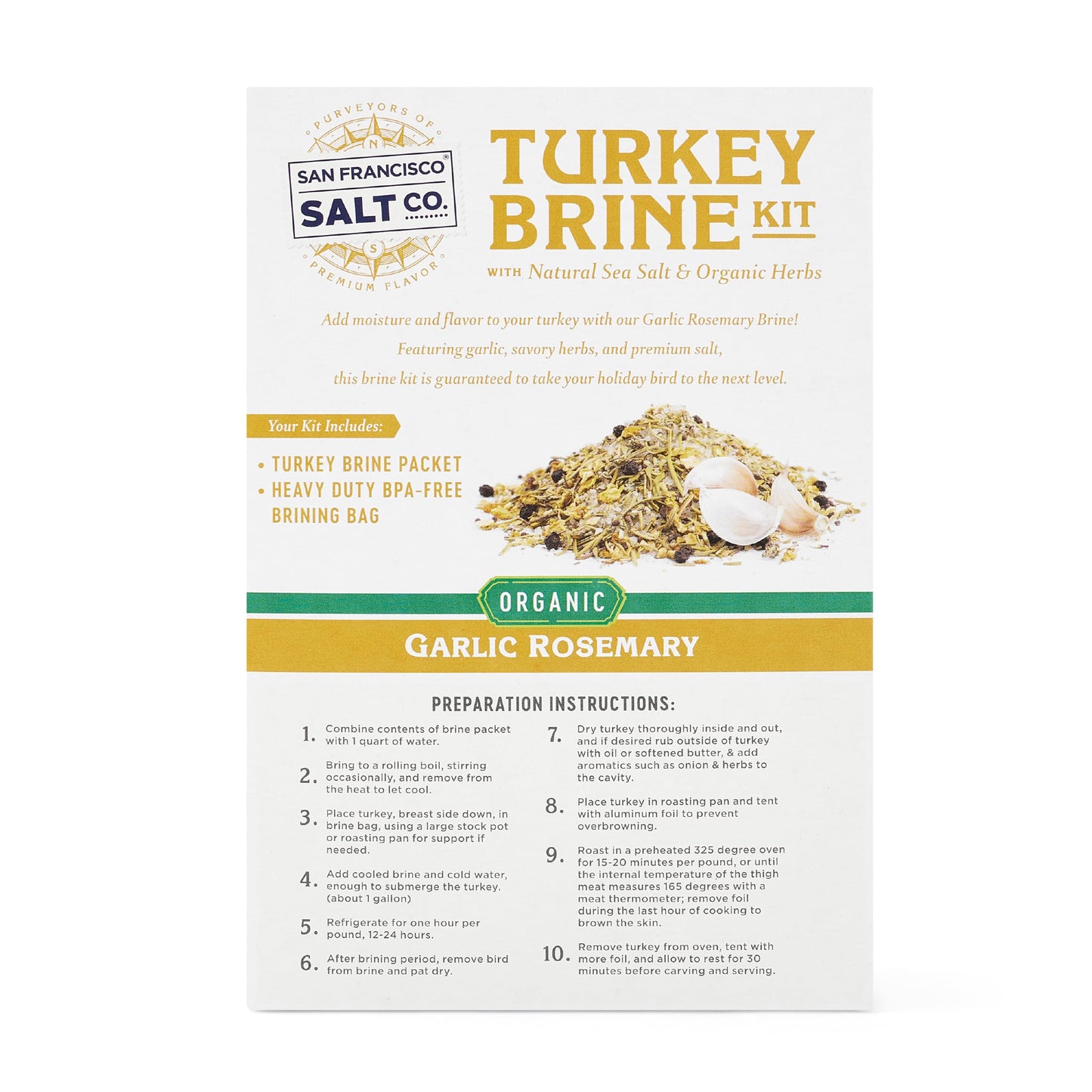 San Francisco Salt Company Organic Turkey Brine Kit - Garlic Rosemary, 13 oz, BPA-Free Brine Bag for Whole or Smoked Turkey