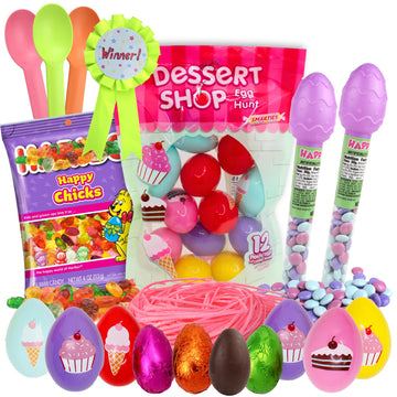 Easter Basket Stuffer Kit for Girls, Dessert-Themed Candy Eggs, Chocolate Tubes, Gummy Chicks, Edible Grass, and Egg Spoon Race 