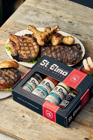 St Elmo Steak House Gift Box - 4 Piece Set with Steak Sauce, Horseradish, Cocktail Sauce, Seasoning
