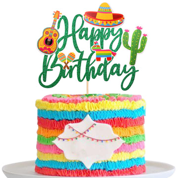 1 Pcs Mexican Fiesta Happy Birthday Cake Topper Glitter Cactus Donkey Maraca Sombrero Guitar Cake Pick For Mexican Fiesta Theme