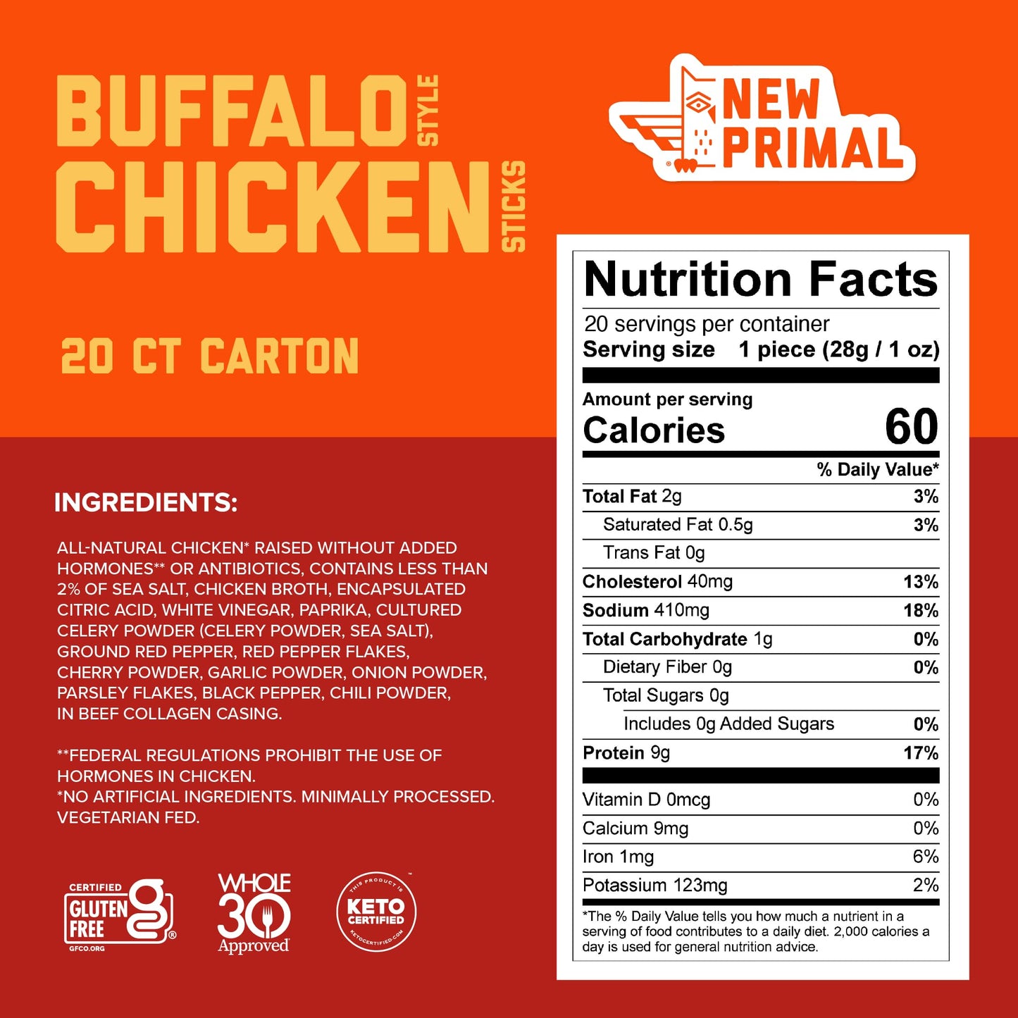 New Primal Buffalo Chicken Sticks, Keto, Gluten Free Healthy Snacks, Sugar Free Low Carb High Protein, Jerky Meat Stick, 9G Prot