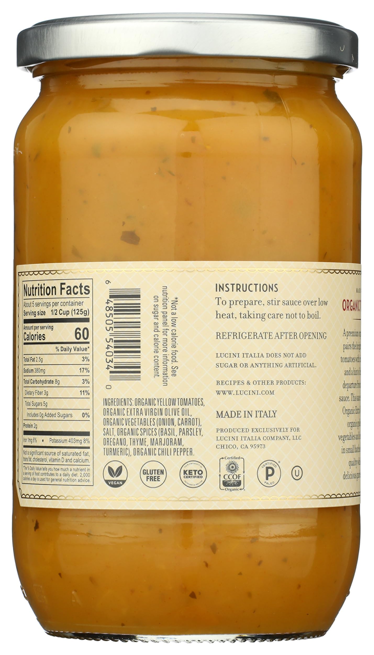 Lucini Organic Golden Tomato Sauce - Classic Italian Sauce in Glass Jar - Fresh Organic Tomatoes - No Sugar Added Pasta Sauce, 2