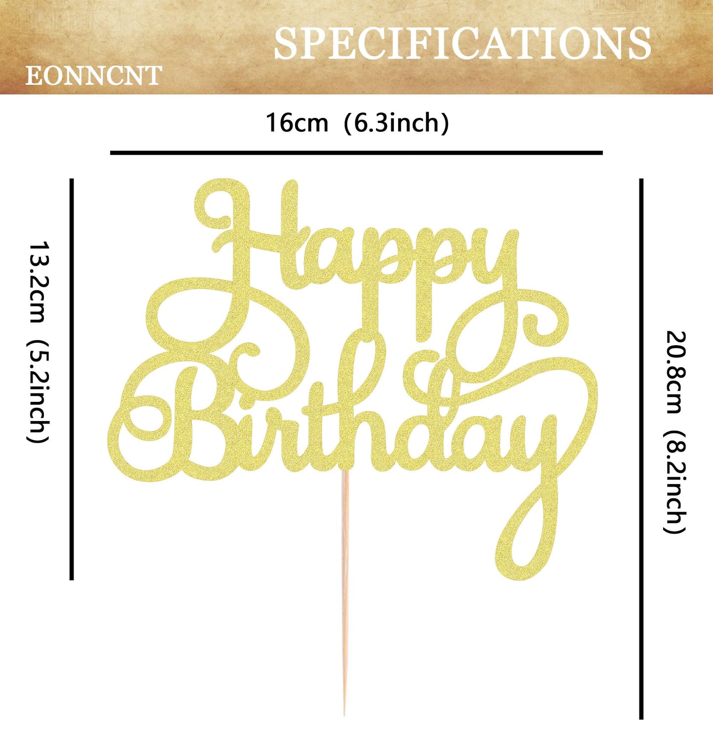 EONNCNT Happy Birthday Cake Topper - Gold Glitter Paper Decoration, Model MOUCCT-HB