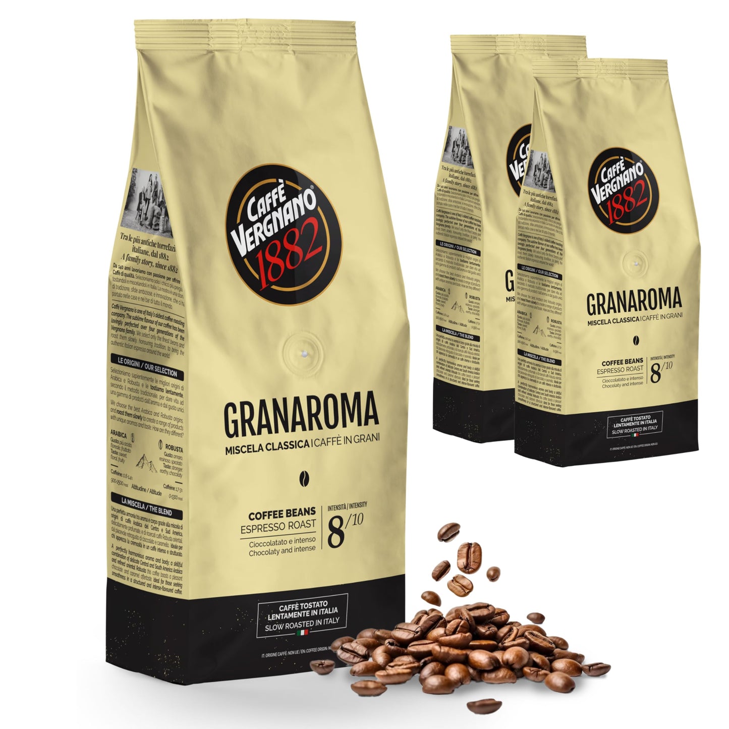 Caffe Vergnano 1882 Gran Aroma Whole Bean Arabica Medium Espresso Roast Coffee, Italian Coffee Beans Notes of Cocoa, Spices and 