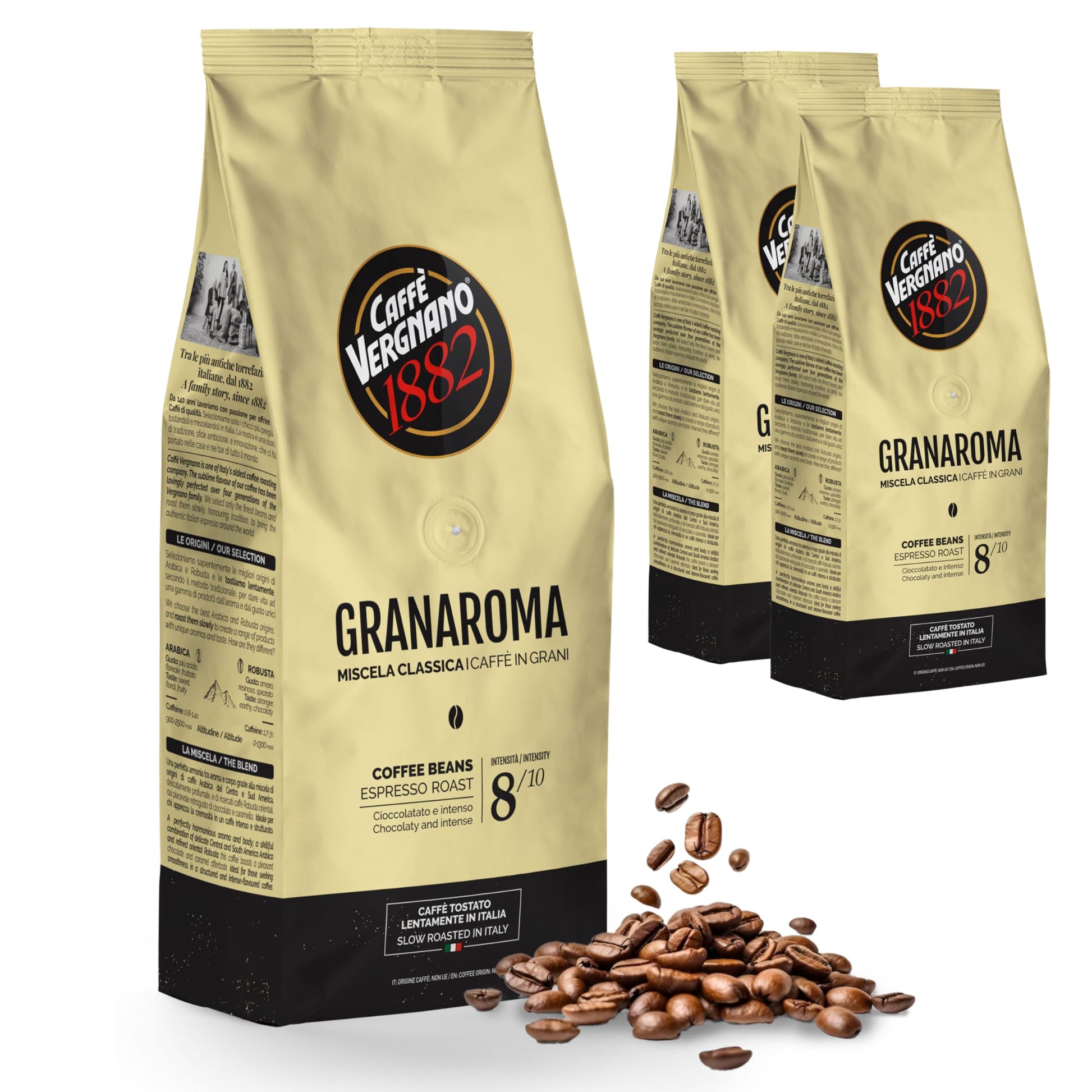 Caffe Vergnano 1882 Gran Aroma Whole Bean Arabica Medium Espresso Roast Coffee, Italian Coffee Beans Notes of Cocoa, Spices and 