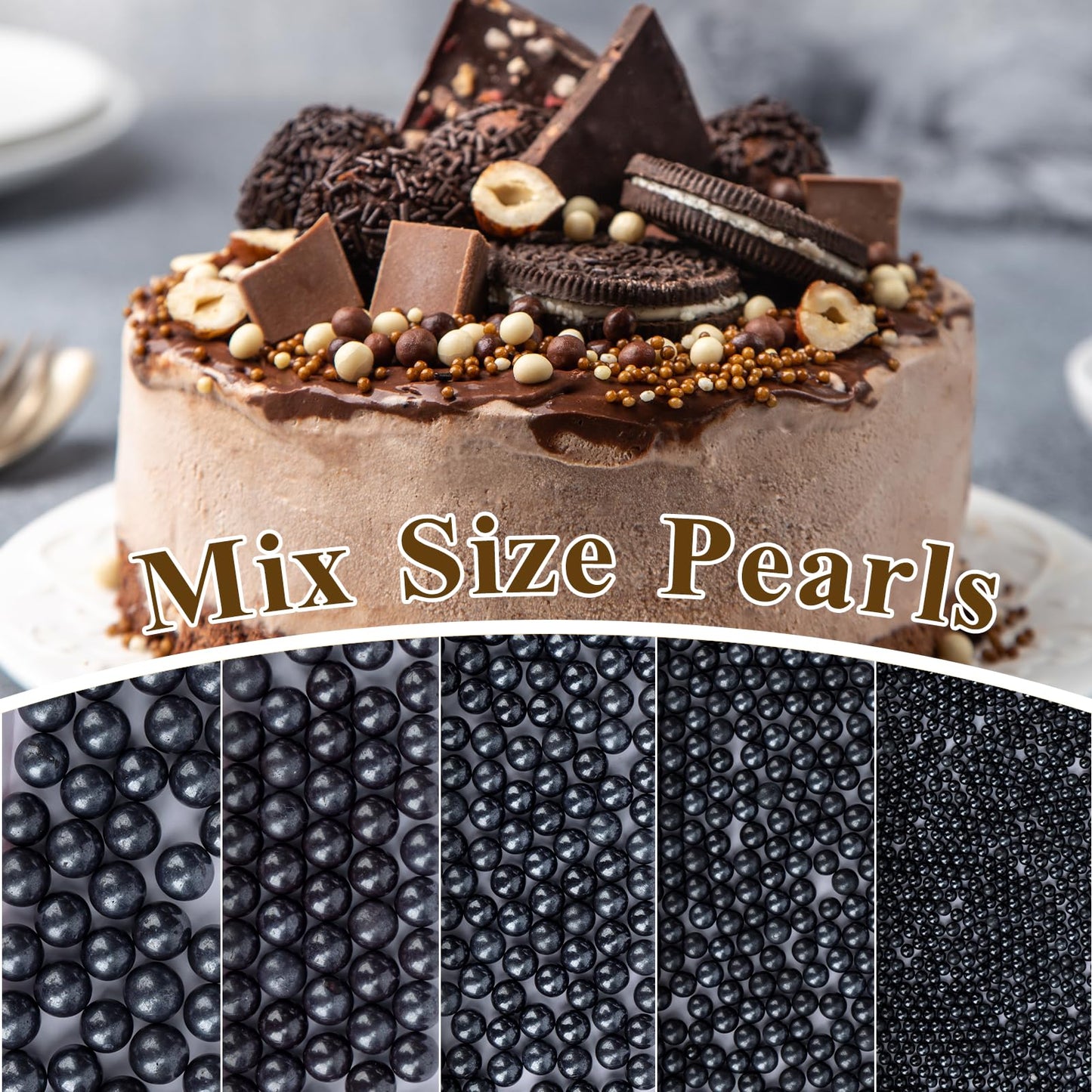 Twisweet Black Pearl Sprinkles for Cake Decorating, Edible Sugar Pearls for Baking, Mix Size, Cake Topper Cupcake Cookie Ice Cre