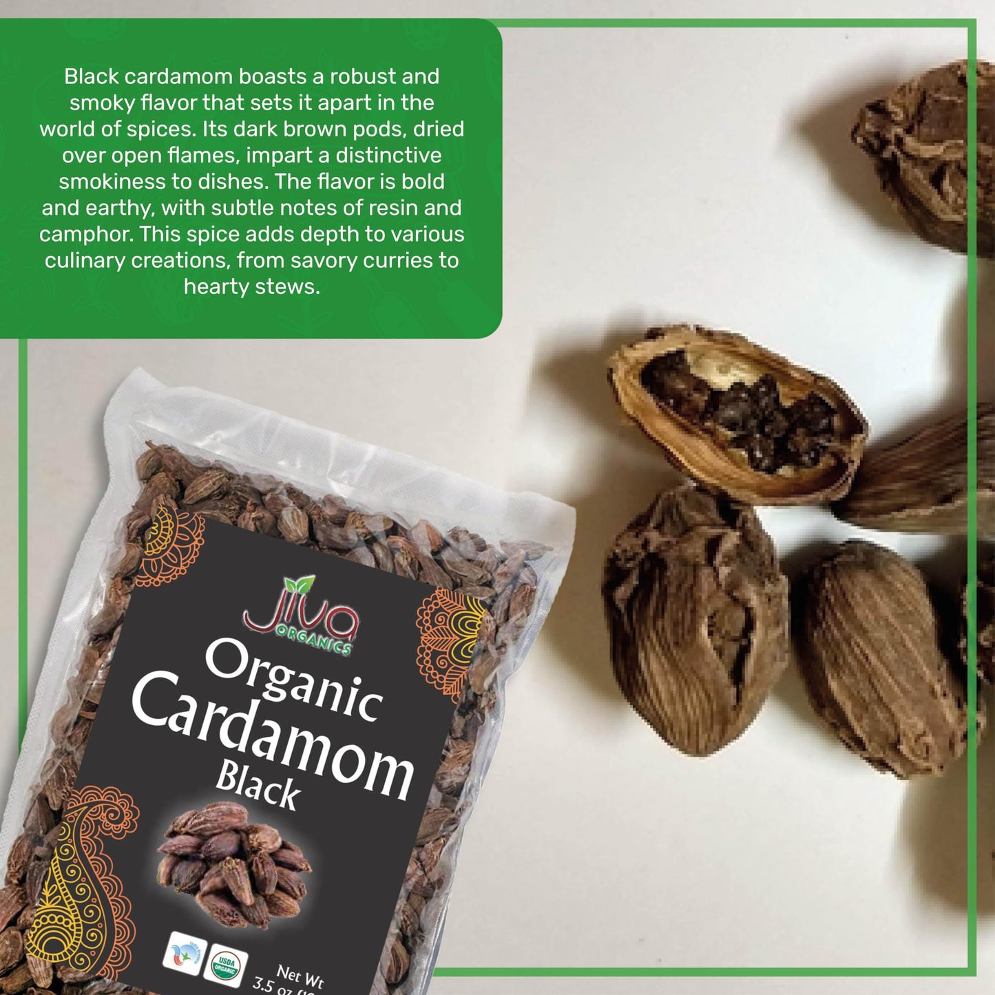 Jiva Organics Organic Black Cardamom 3.5 Ounce Bag - Indian Badi Kali Elaichi - Non-Gmo