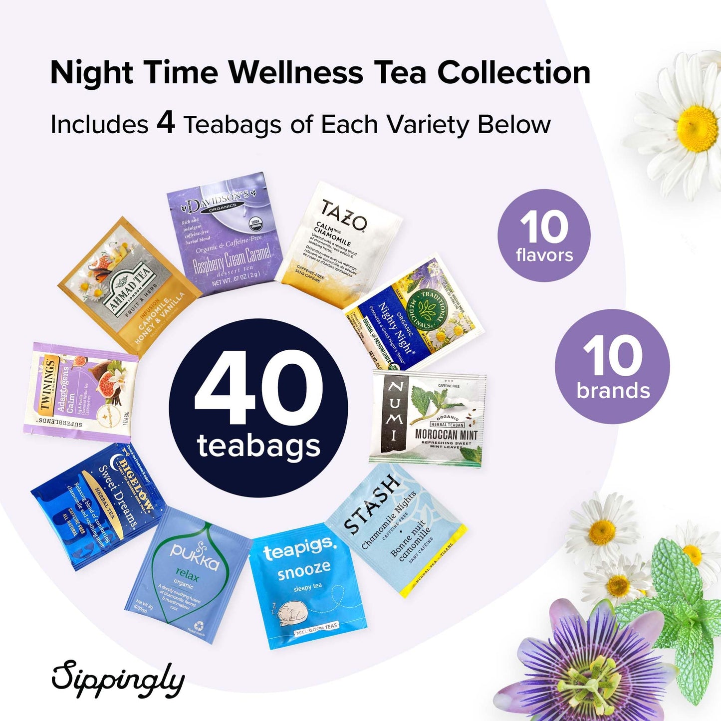 Sippingly Night Time Tea Sampler – 40 Herbal Teas, 10 Flavors, Relaxation Support, 50 Piece Set, Kosher, Gluten-Free