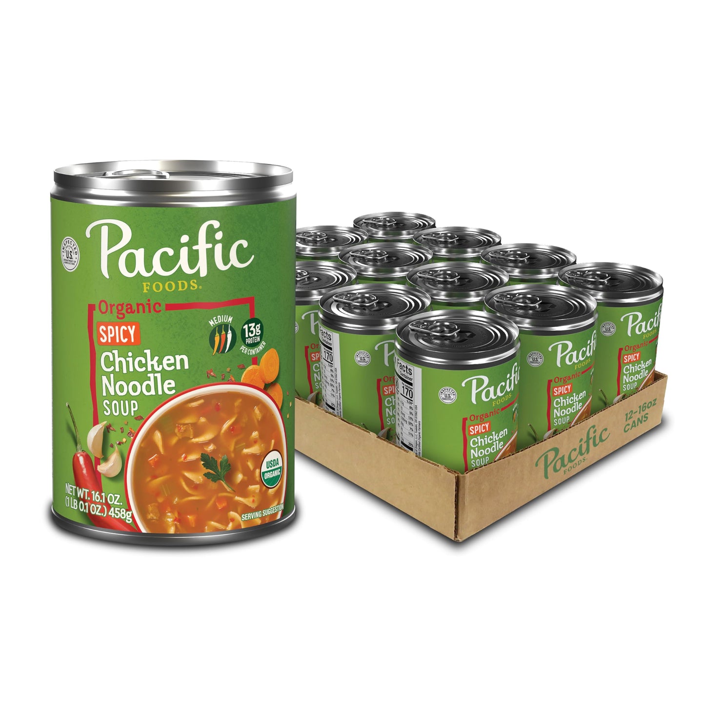 Pacific Foods Organic Spicy Chicken Noodle Soup, 16.1 oz Can (12 Pack)