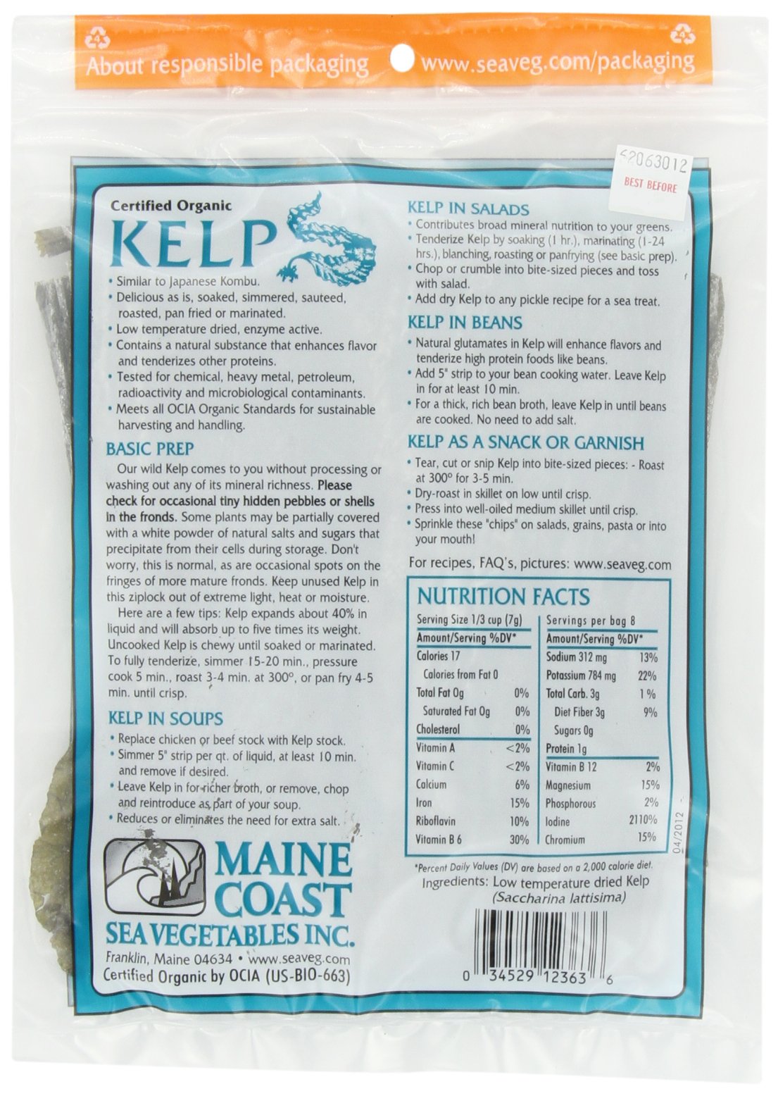 Maine Coast Sea Vegetables Kombu, Wild Atlantic, 2-Ounce Package (Pack Of 5)